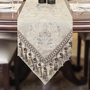 Loom and Mill Luxury Thick Damask Table Runner, Floral Jacquard Dining Table Runner with Handmade Multi-Tassels for Dining Room Dresser Party Banquet DecorationsLight Apricot, 13*120 inch