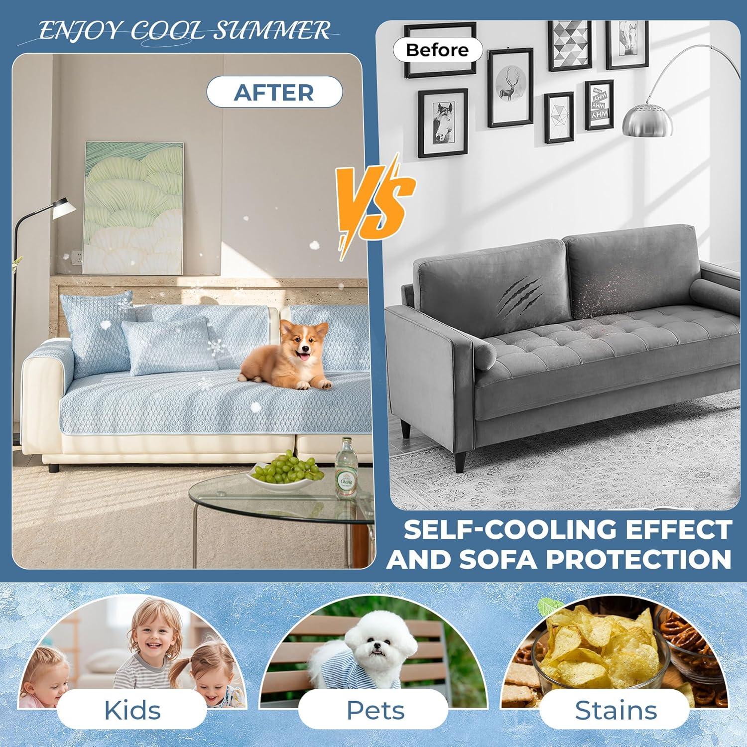 OTOB Self Cooling Pet Friendly Couch Covers for Sofa Washable Ice Silk Fabric, Anti-Slip Love Seat Sofa Slipcovers Dog Sofa Cover Soft Sectional Furniture Protector, 1 Piece (Frost Blue, 27.6"x59.1")