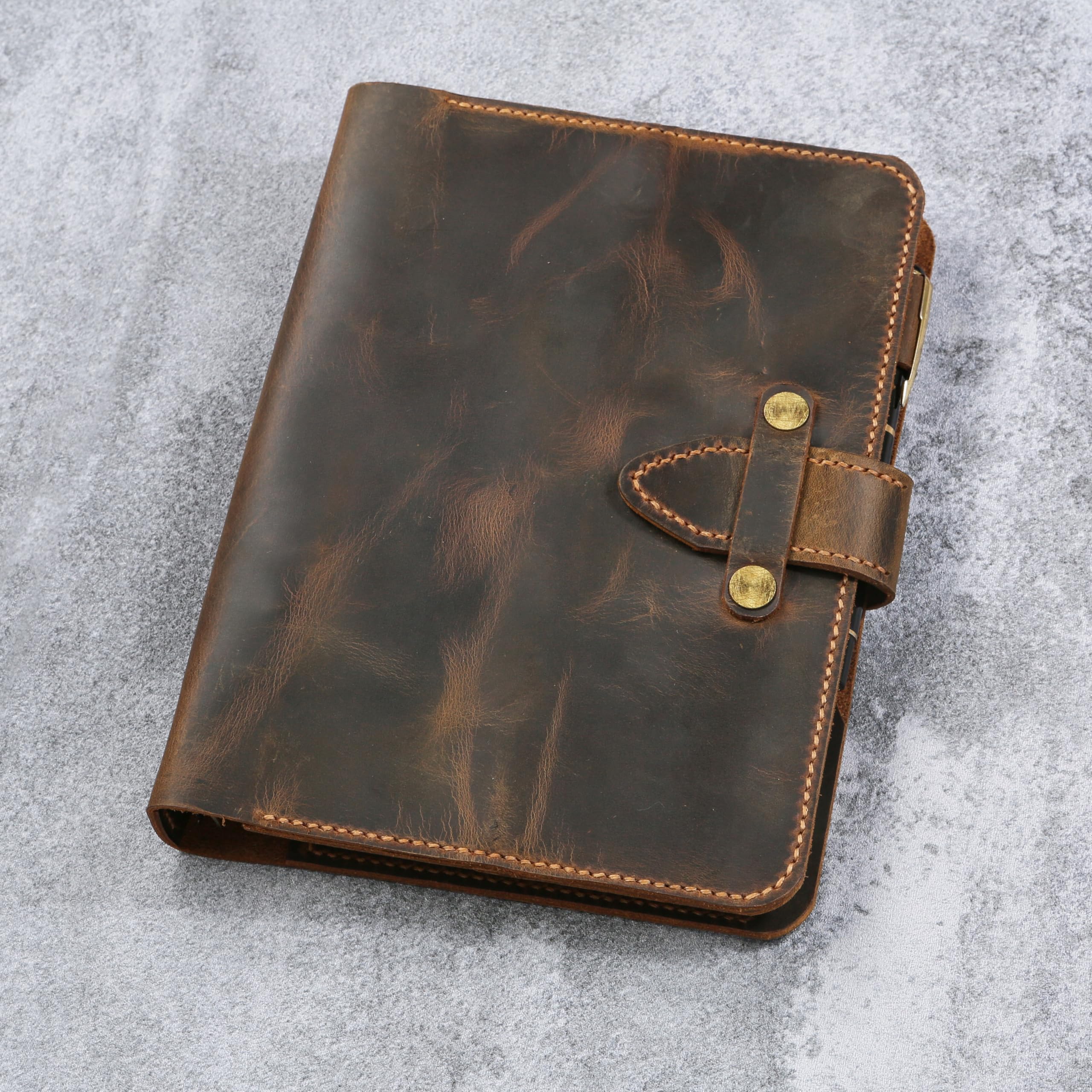 A5 Ringbuch-Notizbuch aus Vollnarben-Rindsleder, nachfüllbares Leder Tagebuch mit 6-Ring-Mechanik, YKK-Reißverschluss, Zusatzhüllen & Messing-Druckknopf, Retro Look Schreibmappe/Business Organizer