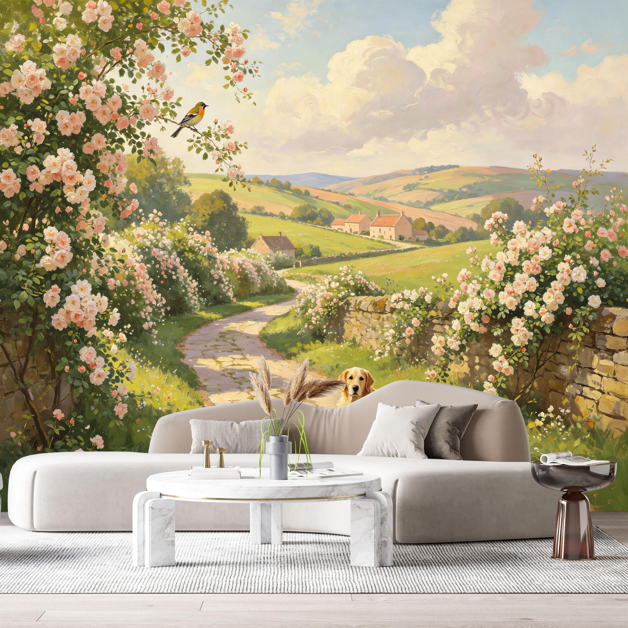 Custom Size Wall Murals Farmhouse American Country Oil Painting Dog Rose Bush Pathway SelfAdhesive Wall Fabric Removable Large Wallpaper for Photo Living Room