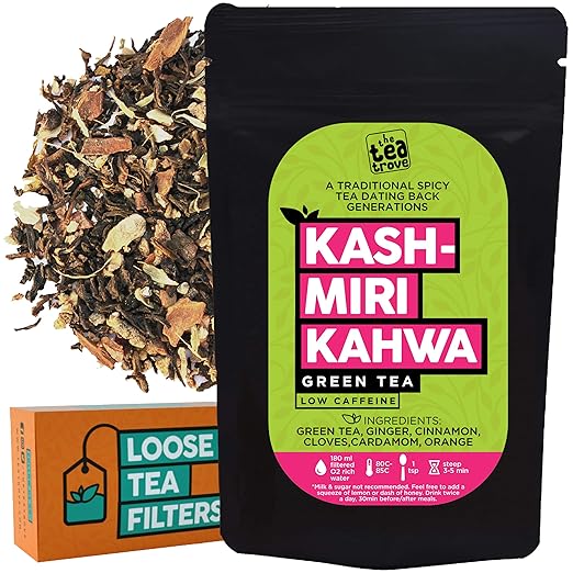 Organic Kashmiri Kahwa Green Tea with Loose Tea Filter for Cholesterol & Weight Loss | Green Tea Detox | Steep as Hot Kashmiri Pink Tea or Iced | Medium Caffeine (50 Gm, 25 Cups)