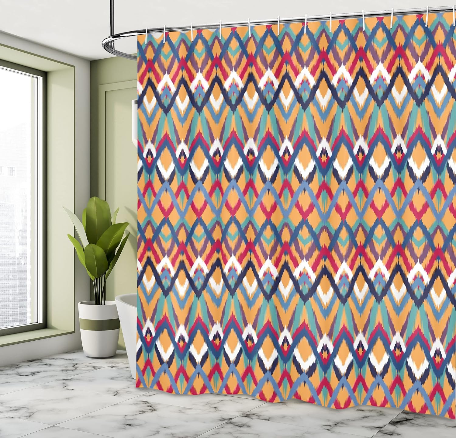 Ambesonne Ikat Shower Curtain, Back Strapped Native Ceremonial Type Ikat Patterns Group of Irregular Lines Art, Cloth Fabric Bathroom Decor Set with Hooks, 69" W x 84" L, Red Blue Orange