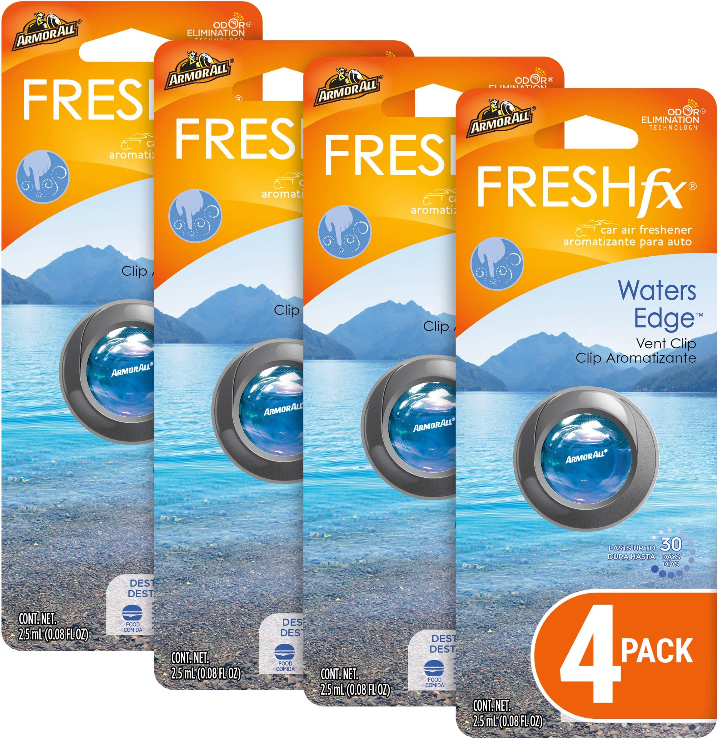 Armor All Car Air Freshener and Purifier - Odor Eliminator for Cars & Truck, Water's Edge, Vent Clip, Pack of 4, 19183-4PK
