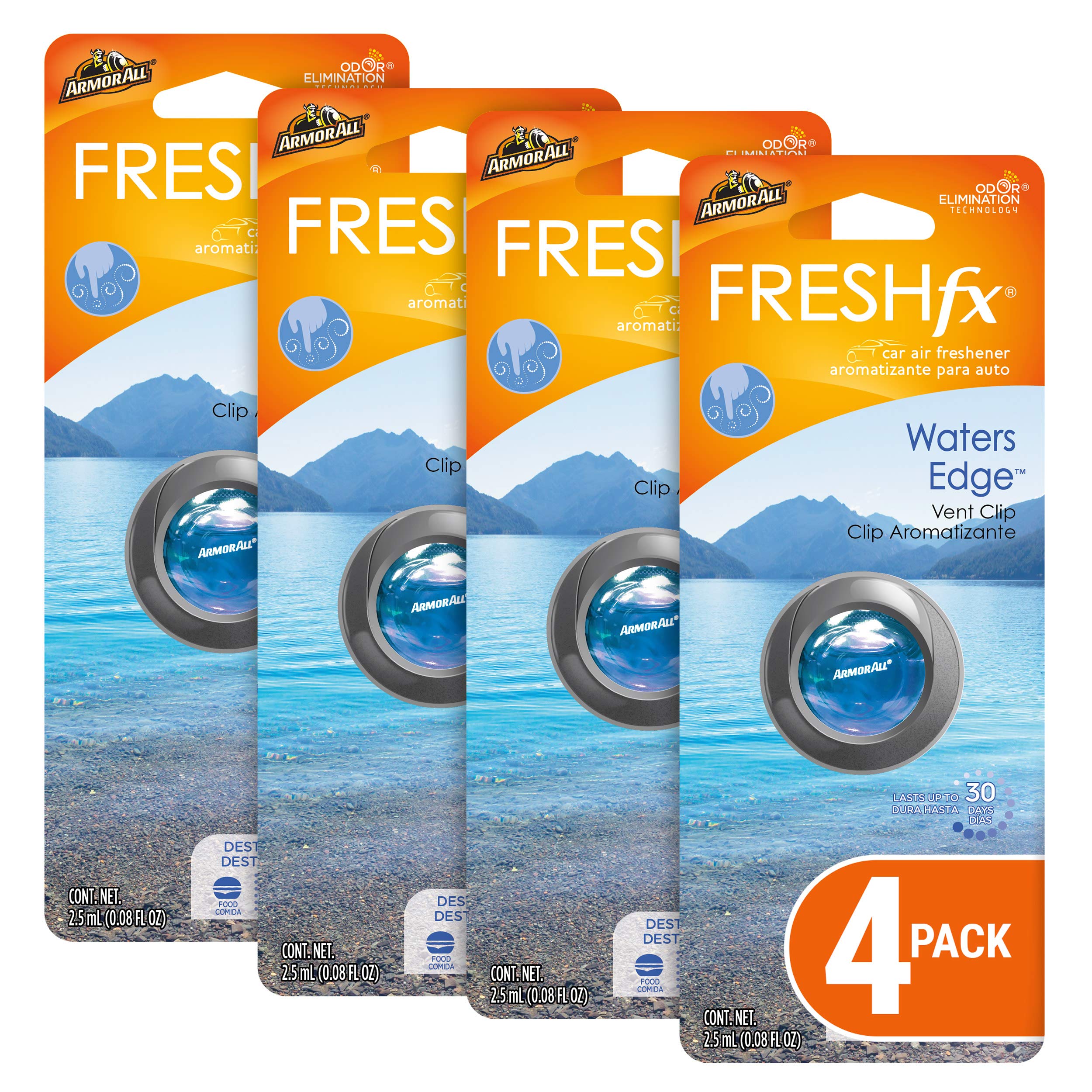 Armor All Car Air Freshener and Purifier - Odor Eliminator for Cars & Truck, Water's Edge, Vent Clip, Pack of 4, 19183-4PK