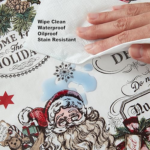 Miniatura 8 de Newbridge Mantel rectangular de vinilo vintage de Navidad de 60 x 120 pulgadas con reverso de franela, estampado retro de Papá Noel, muñeco de nieve