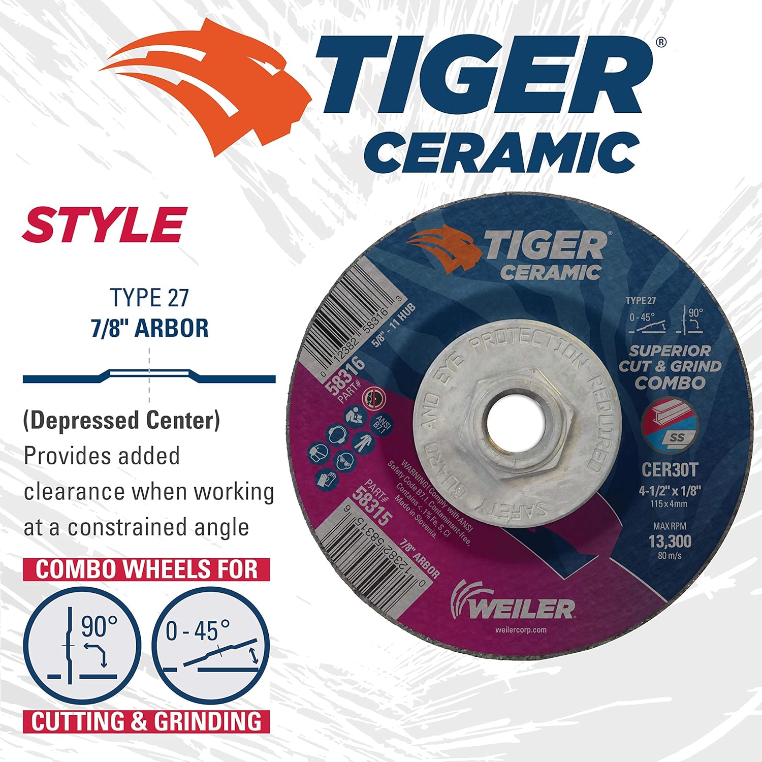 Weiler 58315 4-1/2 x 1/8 Tiger Ceramic Type 27 Cut Off/Grind Combo Wheel CER30T 7/8 A.H. (Pack of 25)
