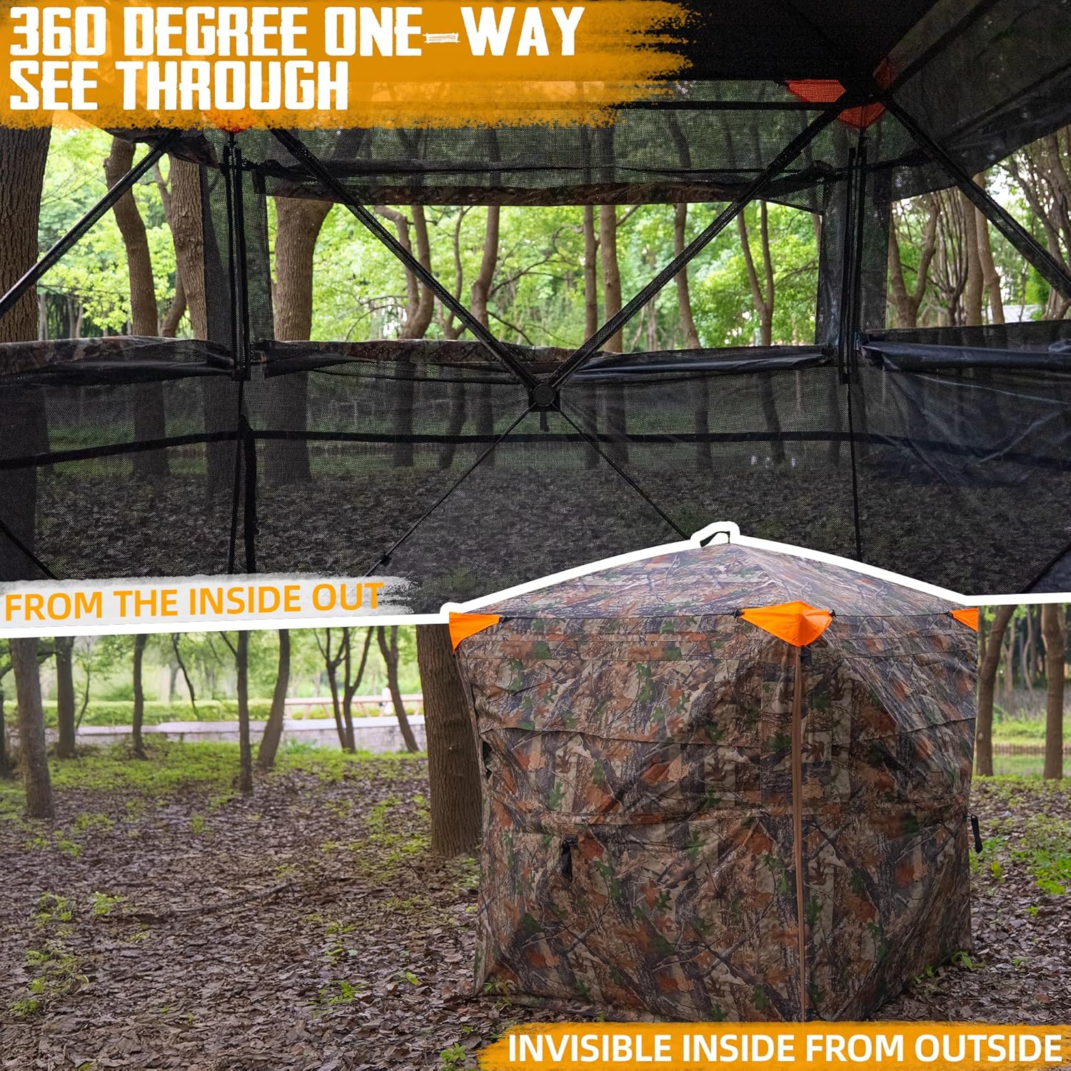 Hunting Blind - 360° See Through Ground Blind with Floor Mat, 2-3 & 3-5 Person Pop Up Hunting Blind, Ground Blind for Deer Turkey Hunting, Camouflage
