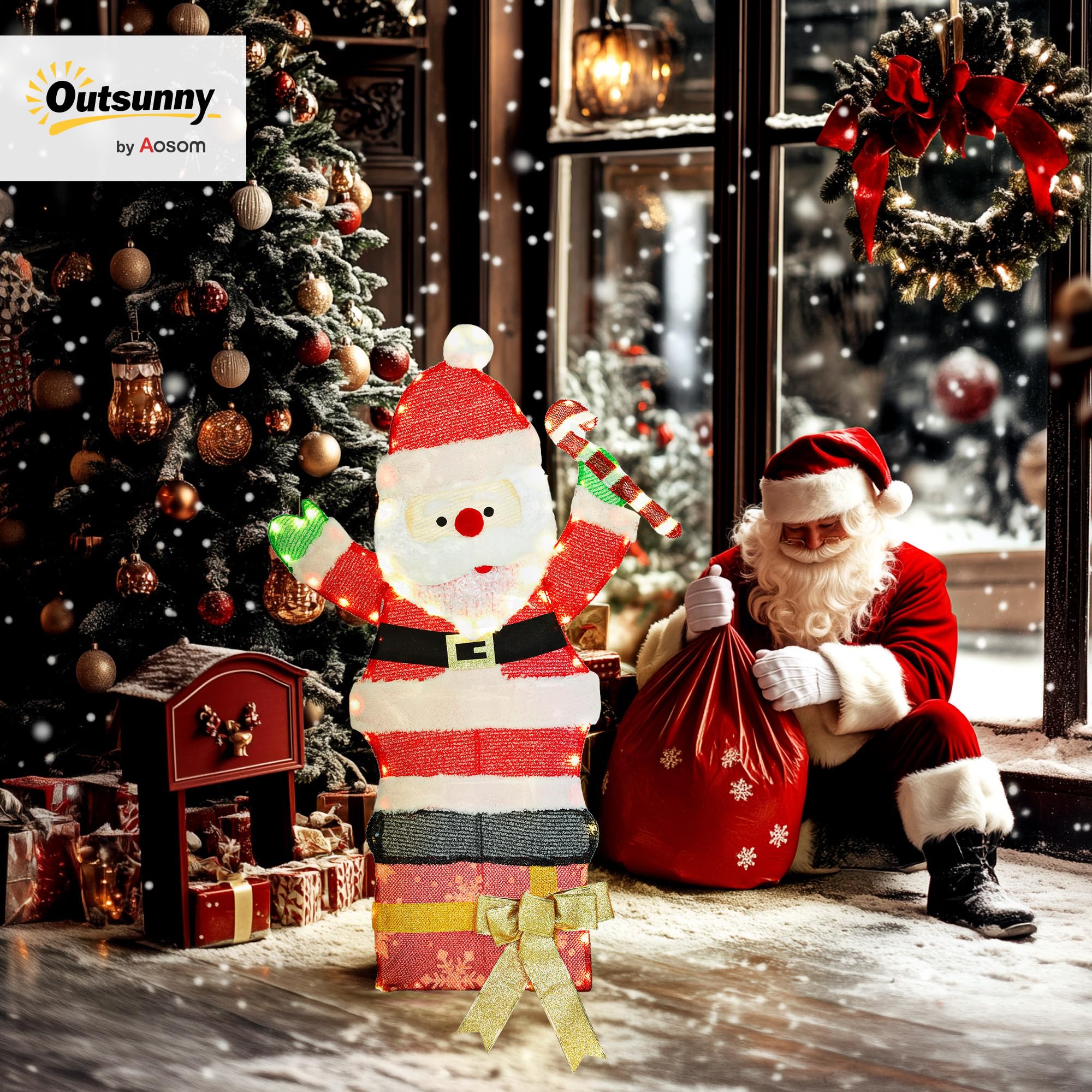 Outsunny Père Noël Lumineux de 90 cm avec 97 LED Blanc Chaud, Piquets, IP44 | Décoration Noël Personnage, Attaches Zippées, Intérieur, Extérieur