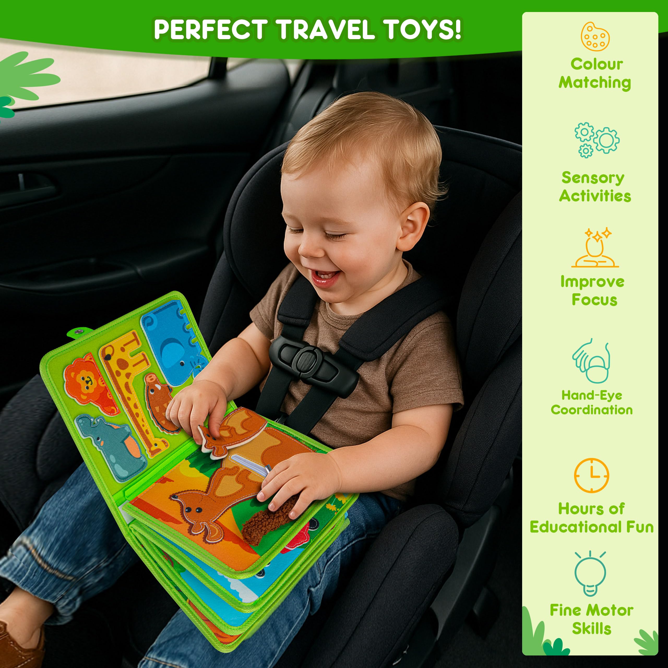 Quanquer 3D Tier Busy Board Montessori Giocattoli per Neonati 1 2 3 Anni - Activity Book per Neonati Ragazzi Ragazze Regalo di compleanno con Scatola Regalo - Aereo Auto Viaggio Quiet Book Giocattolo