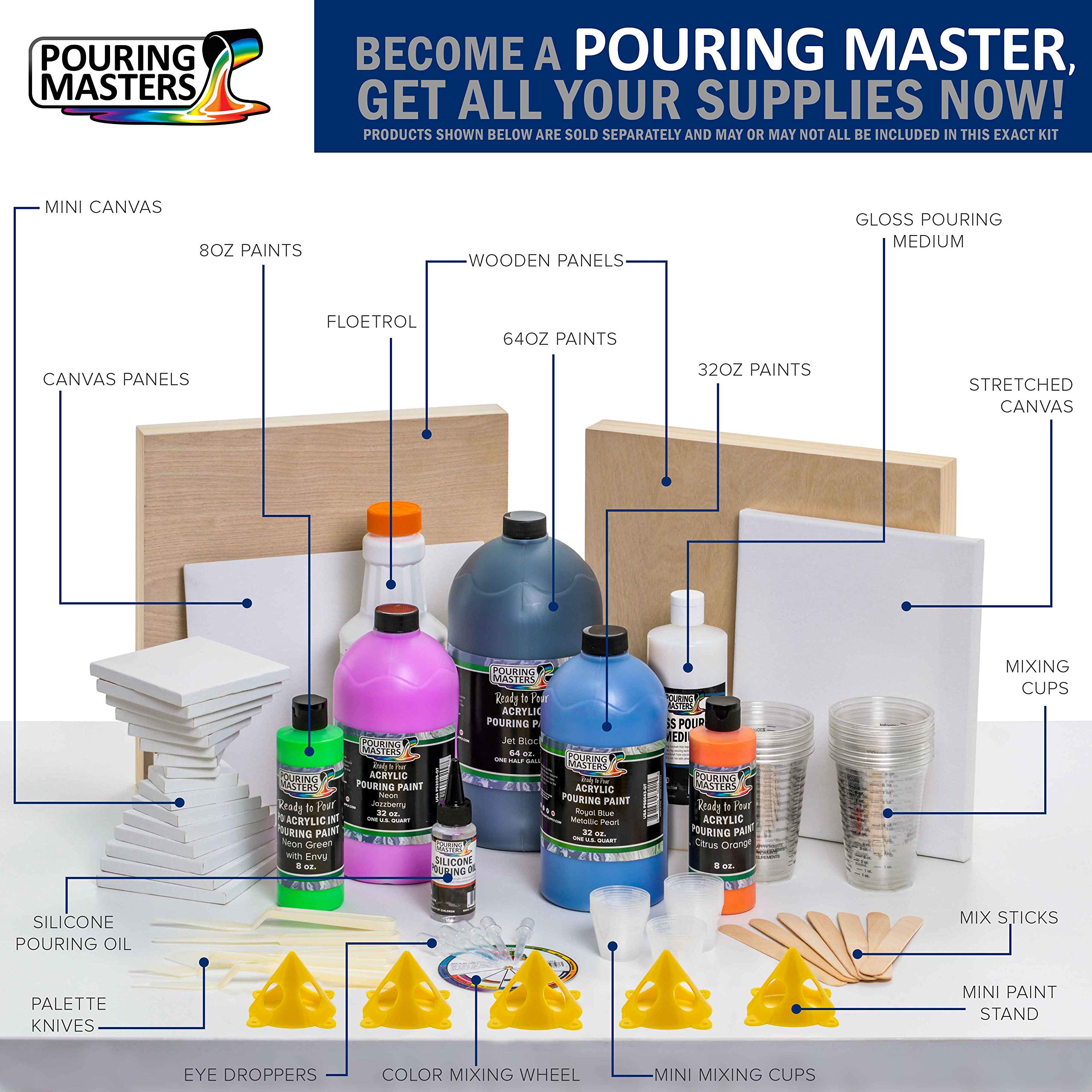 Pouring Masters 84-kolorowa gotowa do nalewania akrylowa farba do nalewania z olejem silikonowym i połyskiem średni - wstępnie wymieszane butelki o wysokim przepływie 60 ml - wszystkie metaliczne i stałe kolory na płótnie, drewno
