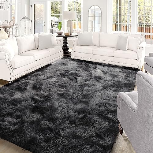 Miniatura 4 de RUGTUDER Alfombra de área de 5 x 8 pies para sala de estar, alfombras peludas grises de teñido anudado para dormitorio, alfombras de felpa grandes