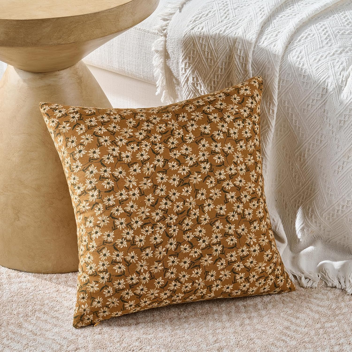 Fancy Homi Set of 4 Mustard Yellow Floral Vintage Square Decorative Throw Pillow Covers 20x20 Inch for Couch Sofa Bed Living Room, Modern Farmhouse Bobo Fall Home Decor,Soft Cotton Linen Cushion Cover