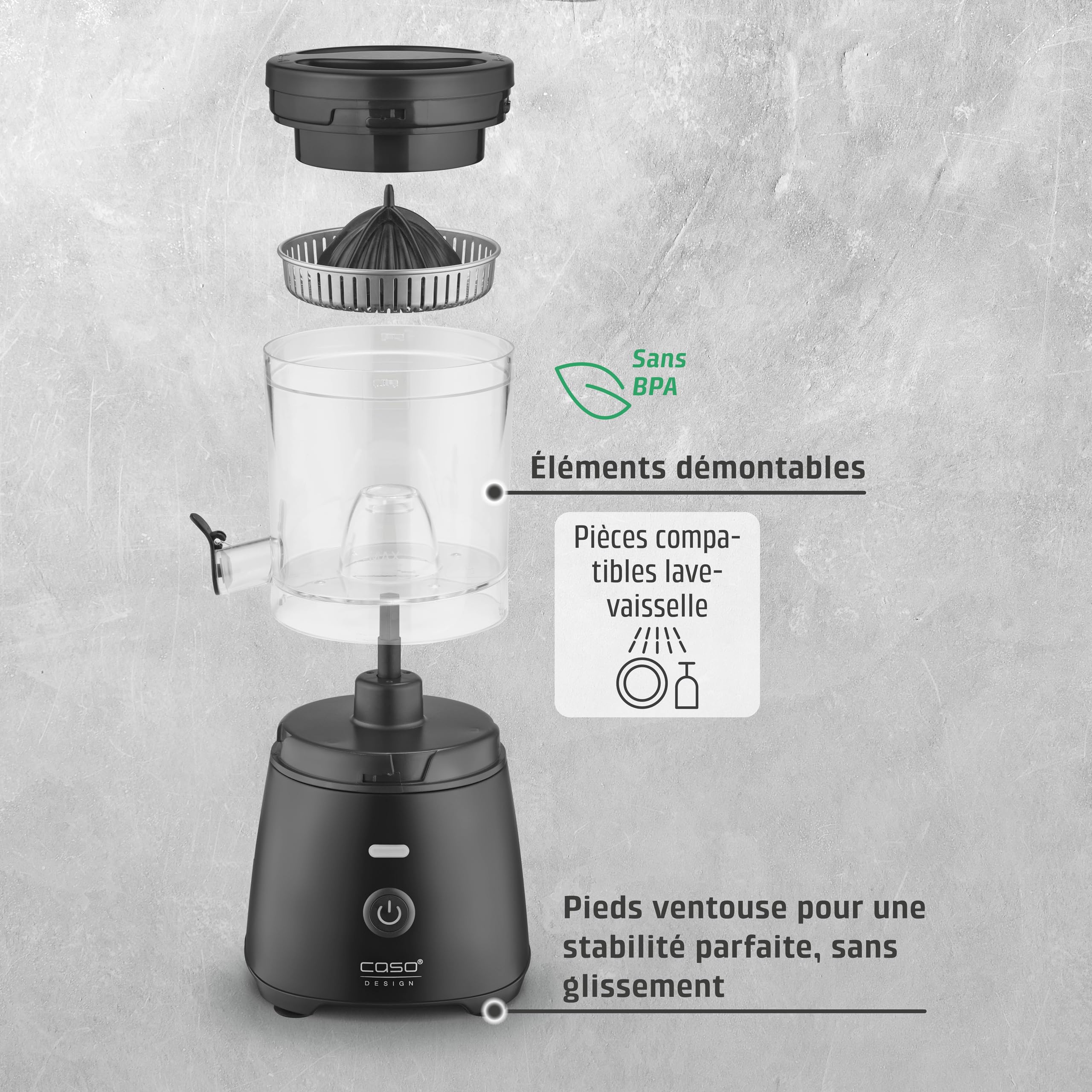 CASO CP 400 Lift - Presse agrume electrique avec cône universel pour oranges et agrumes, 300 W, anti-éclaboussures, extraction élevée du jus, pieds à ventouse, sans BPA, compatible lave-vaisselle