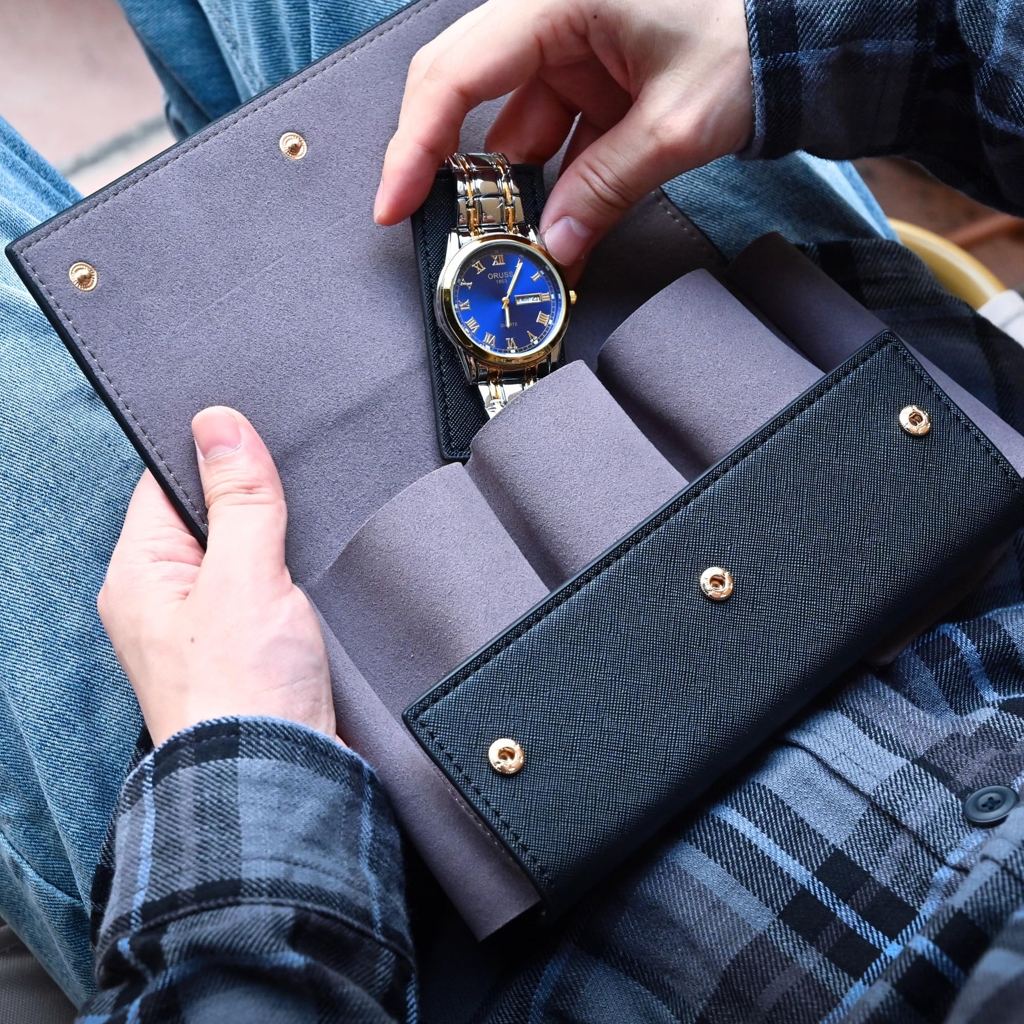Reise-Leder-Uhrentasche, Uhrenreisetasche mit Wildlederfutter