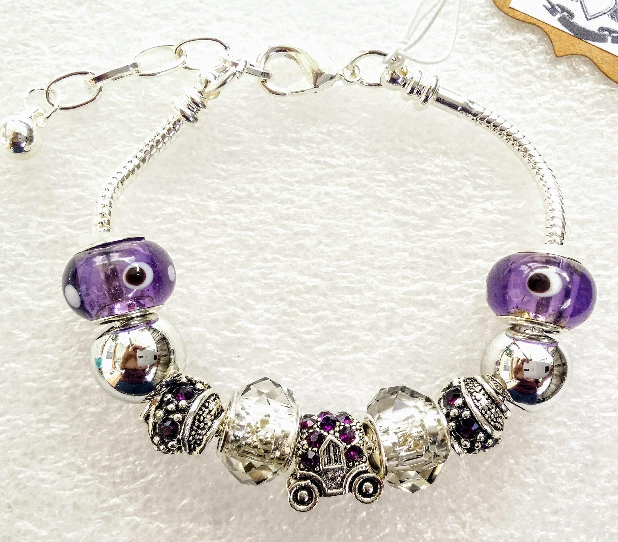 Purple Rhinestones Princess Carriage Charm Beads European Pandora Style Bracelet Quinceañera