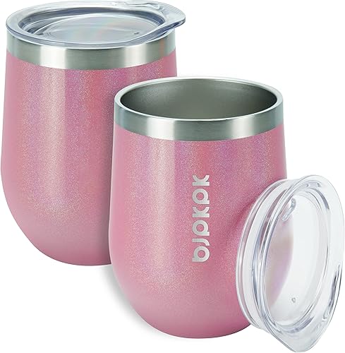 BJPKPK 2 vasos de vino aislados de 12 onzas, vaso de vino aislado de 12 onzas con tapa, vasos de vino de acero inoxidable irrompibles, vaso aislado