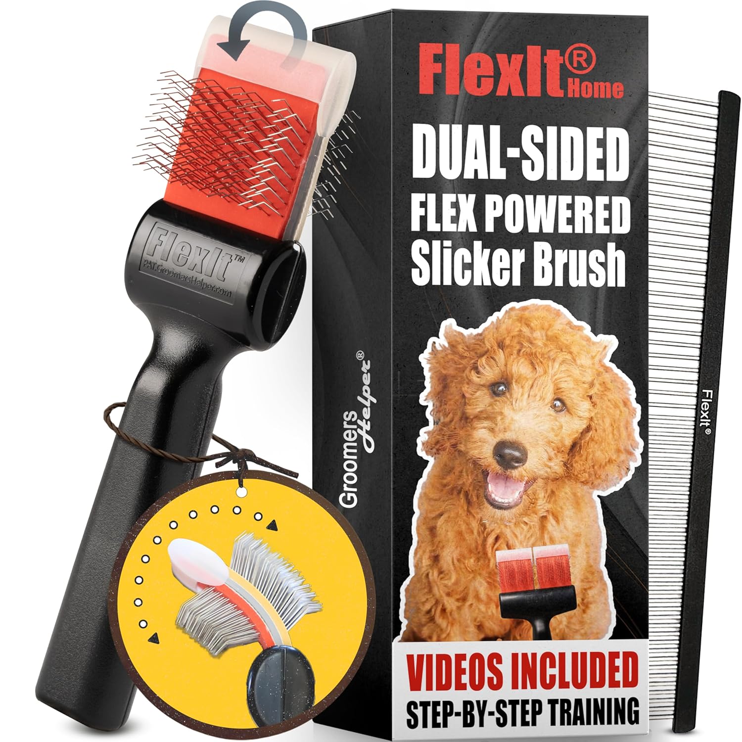FlexIt Home - Flexible Slicker Brush for Dogs - Dog Grooming Brush for Poodles, Golden Doodles, Huskies, Retrievers, and Labradoodles - Professional 3-in-1 System & Video Trainings (Single, Firm Flex)