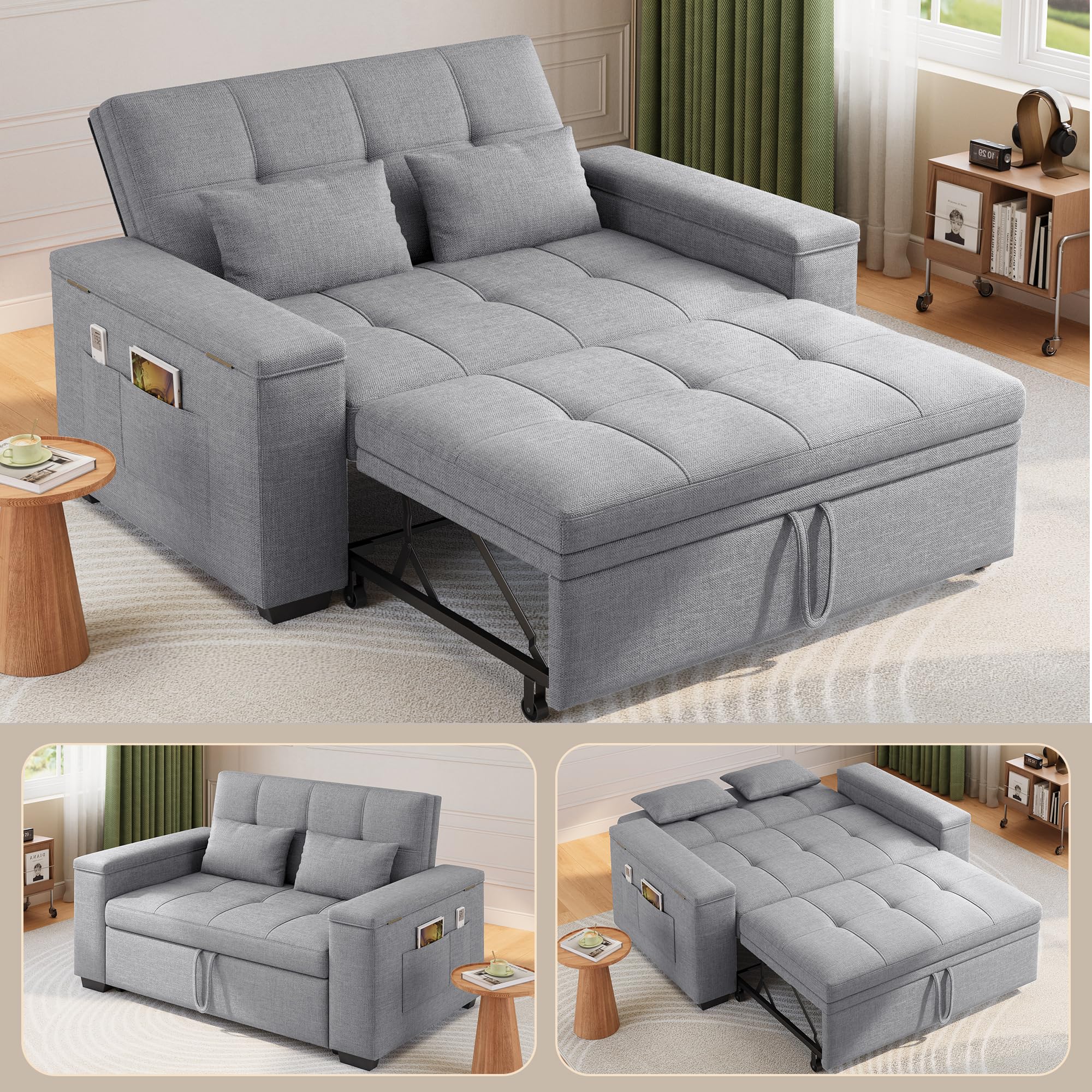 Xbro 3-in-1 Schlafsofa ausziehbar, 2-Sitzer Sofa mit Schlaffunktion, verstellbare Rückenlehne, Leinenstoff mit 2 Kissen und Seitentaschen, für Wohnzimmer, Schlafzimmer oder Büro, Hellgrau