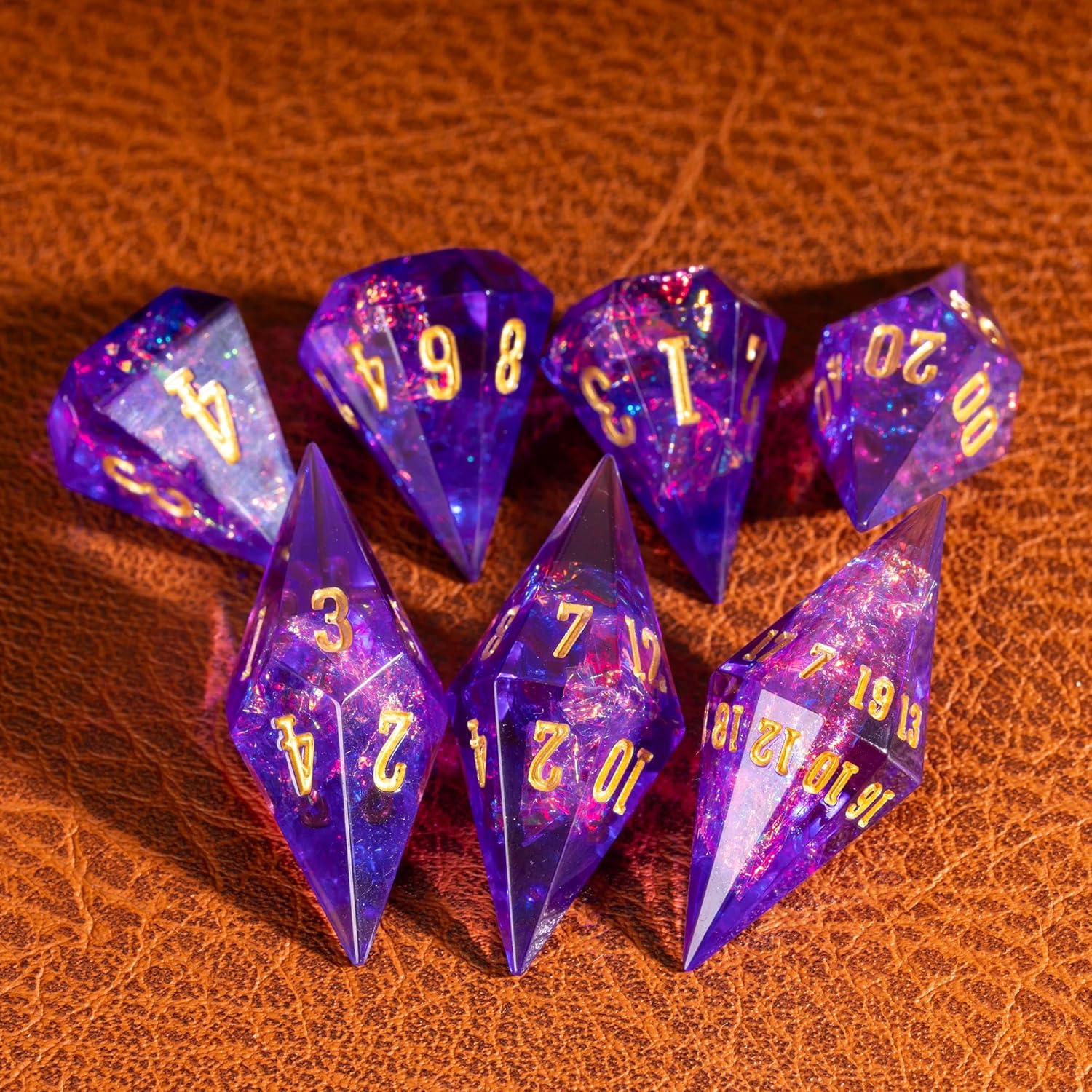 7PCS Diamond DND Dice Set,Transparent Sharp Edge Die Set D&D RPG Polyhedral Dice,for TTRPG Games Roleplaying Games.(Purple)