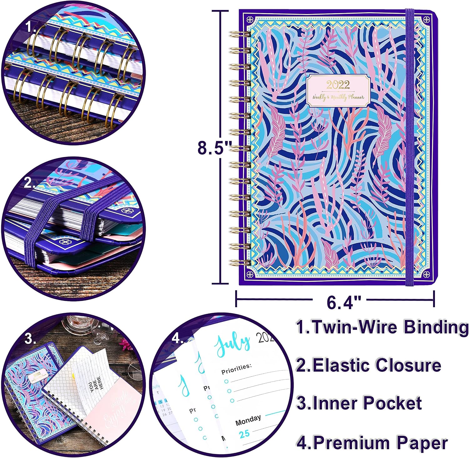 2022 Planner - Planner 2022 Weekly Monthly with Tabs, 6.4" x 8.5", January 2022 - December 2022, Hardcover with Back Pocket + Thick Paper + Twin-Wire Binding - Purple