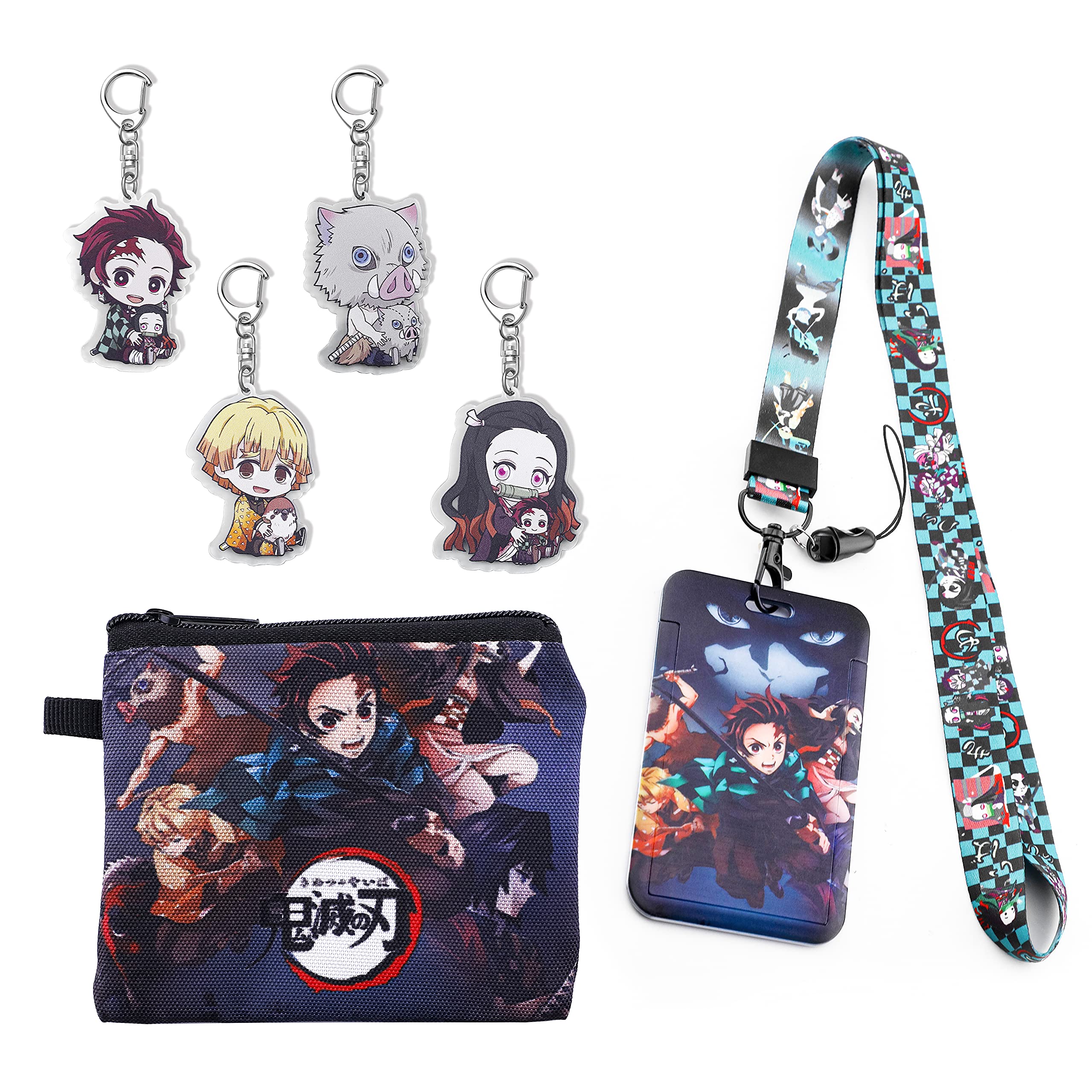 5pcs Demon Slayer Lanyard Wallet Keychain ID Badge Holder with Keyring Anime Cosplay Wallet Gift