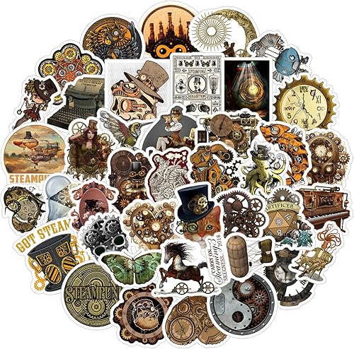 Miniatura 7 de Paquete de 62 calcomanías Steampunk, lindas calcomanías impermeables de vinilo de dibujos animados para botella de agua, laptop, teléfono, patineta,