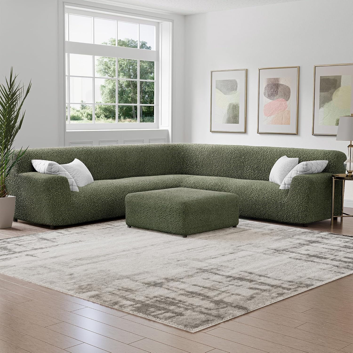 PAULATO BY GA.I.CO. Stretch Corner Sectional Couch Covers – Corner Sofa Cover – Elastic L Shape Sofa Slipcover - Sectional Slipсovers - Washable Furniture Protector - Moss Green (198”-240” Wide)