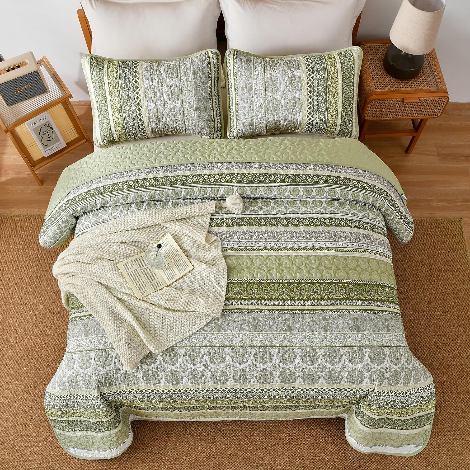 WONGS BEDDING Boho Quilt Set Queen Size, Sage Green Bohemian 3 Pieces Quilt Sets, Lightweight Bedspread Coverlet Bedding Set for All Season (96"x90") - Image 3