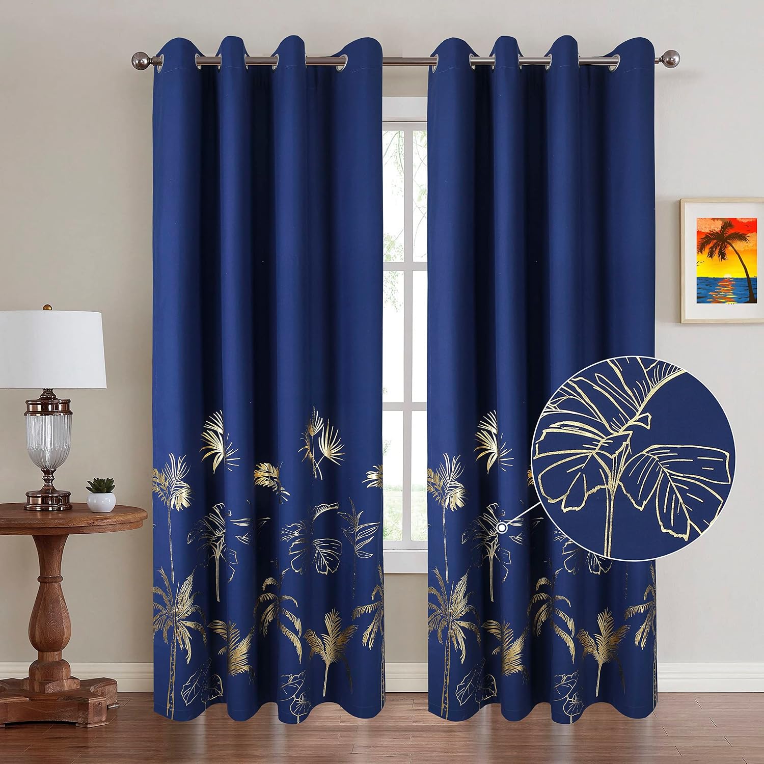 Royal Blue Blackout Curtains for Bedroom Gold Foil Printed Palm Bedroom Living Room Leaves Navy Blue Trees Luxury Tropical Eyelet 66×72 Thermal 100% Total Room Darkening Window Curtain 2 Panels