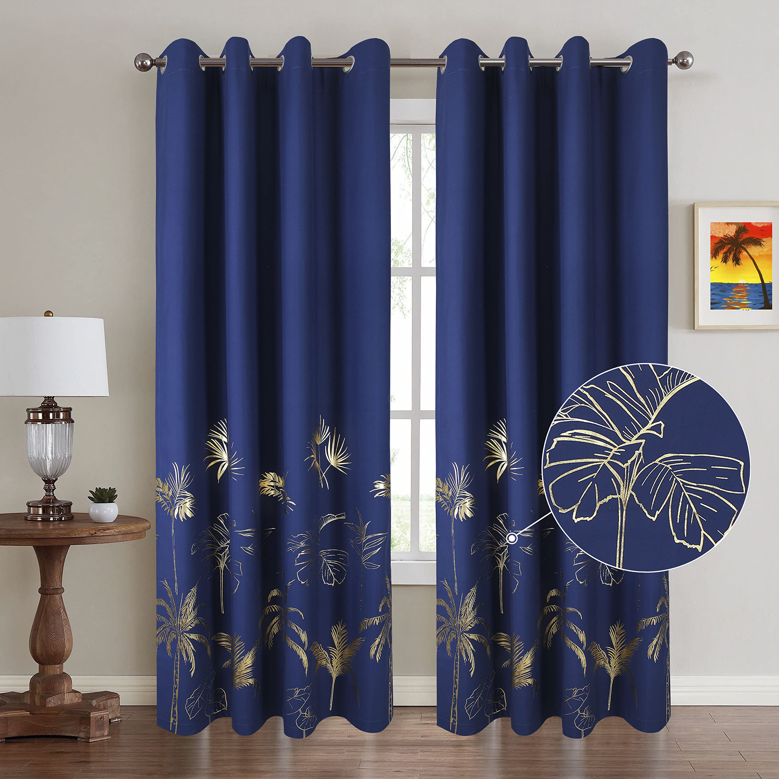 YINFUNG Navy Blue Gold Blackout Curtains 96 inches Long Foil Printed Palm Tree Leaves Thermal Insulted Royal Blue Totall Room Darkening Window Drapes Metallic