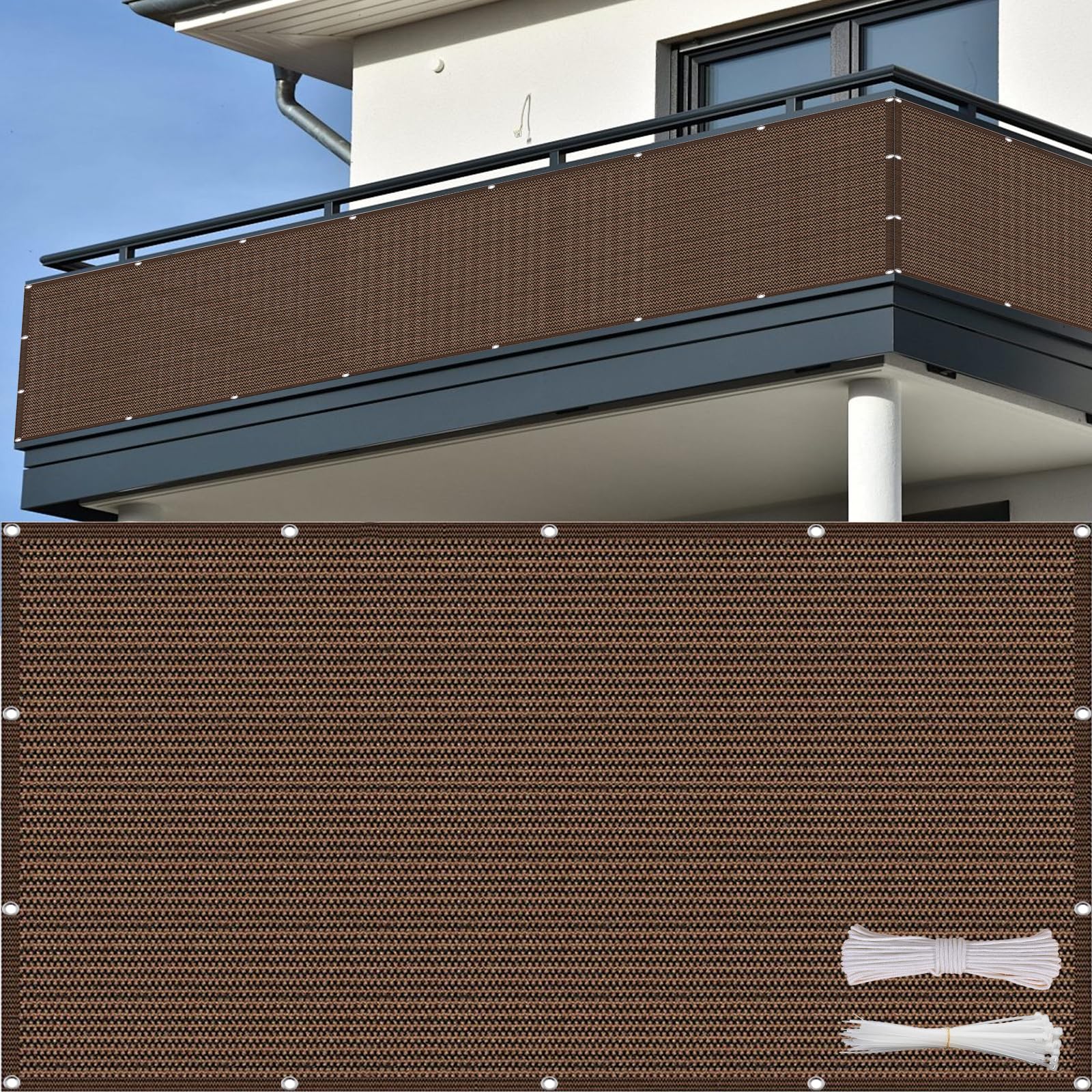 Rete Ombreggiante 90 x 520 cm in HDPE 220G ㎡, Permeabile, Anti-Uv, Frangivento, Protezione Solare, Frangivisto Balcone Protezione con Fascette e Funi para Jardín Exterior, Marrone
