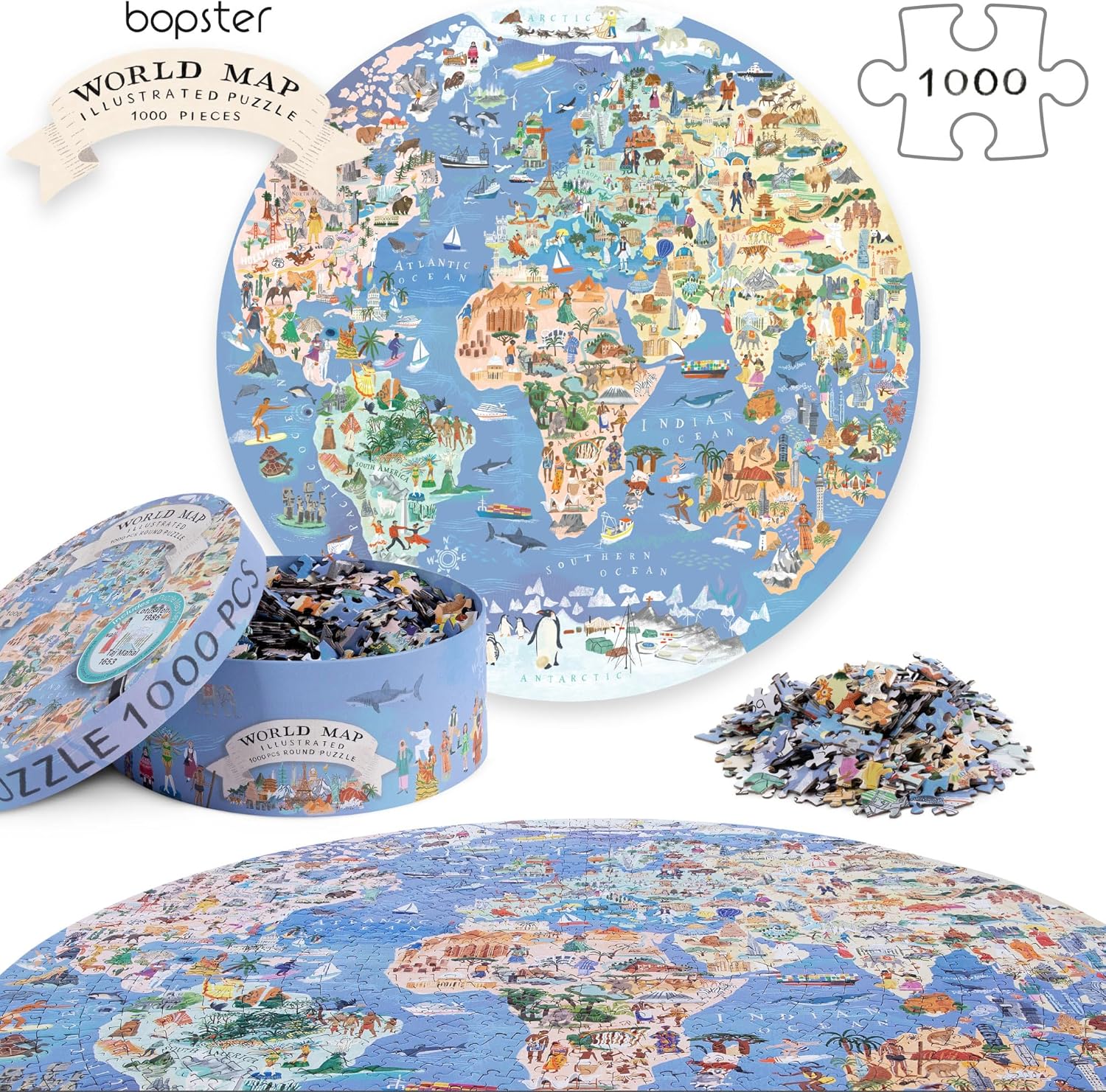 bopster 1000-PieceRound World Map Jigsaw Puzzle for Adults & Teens | Illustrated Globe Design | Premium 1000pc Puzzle | Giftable Family Activity