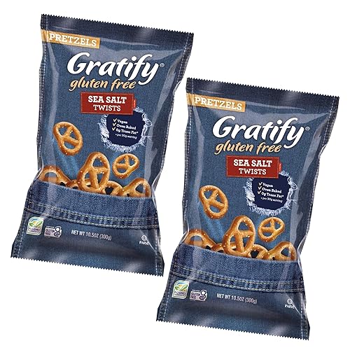 Gratify Pretzel Sea Salt Twists – Patatas fritas de pretzel veganas y sin gluten, bolsas individuales, aperitivos horneados saludables al horno –