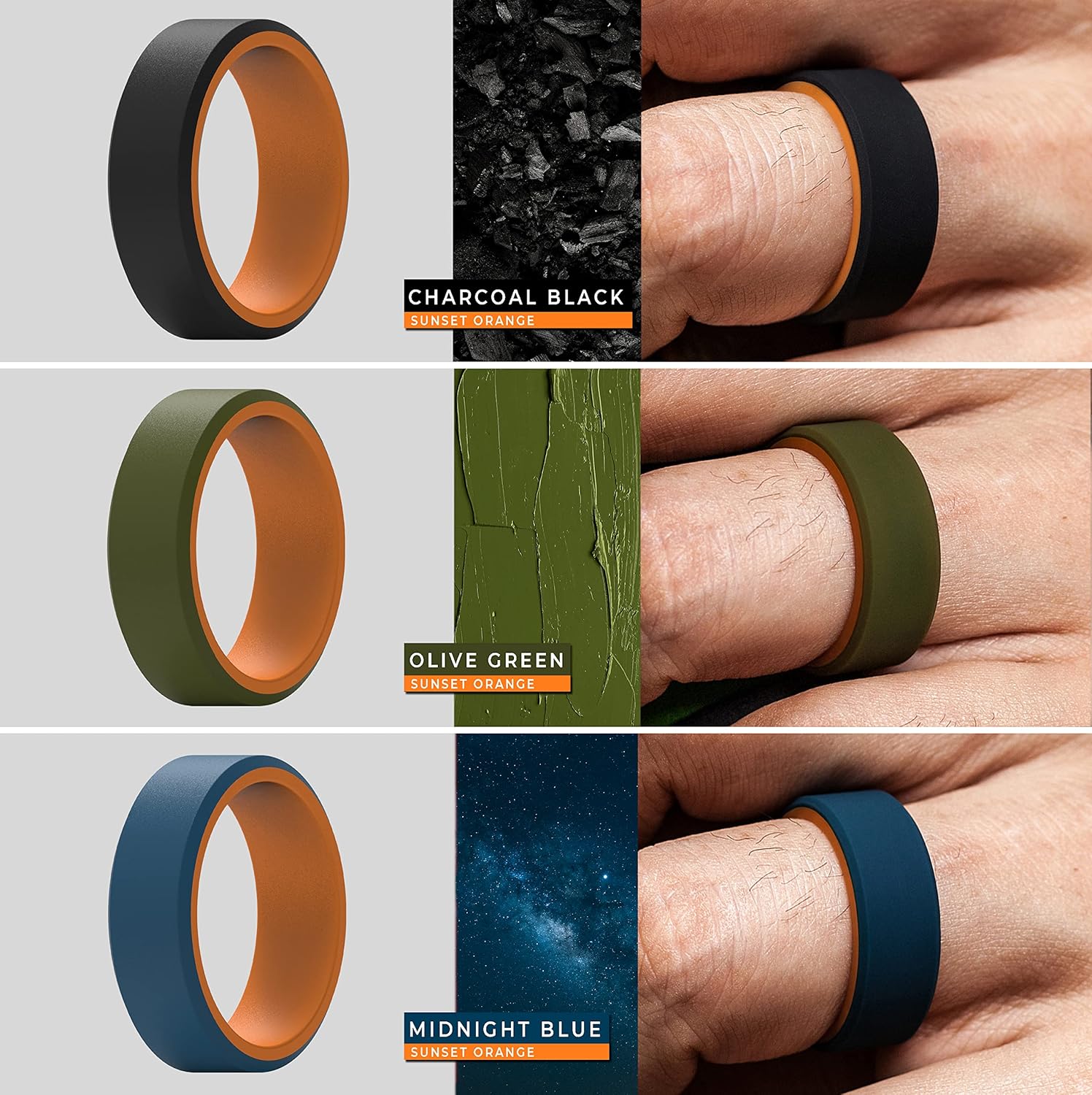 ThunderFit Silicone Rings for Men, Flat Top Angled Edge Two Layers Rubber Engagement Bands 9.8mm Wide 2mm Thick - 1/4/8 Variety Multipack - Image 3