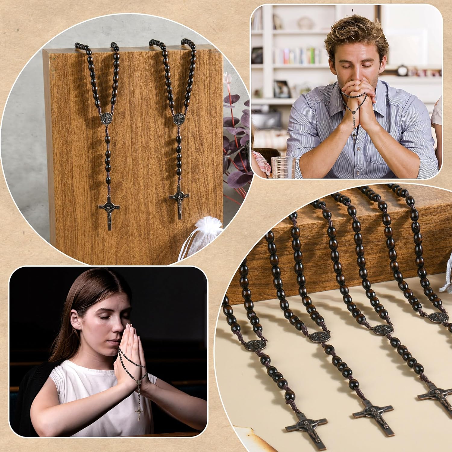 60 Set Wooden Rosary Beads Bulk Wood Rosaries Catholic Beads for Men Women Jesus Holy Crucifix Cross Rosary with Organza First Communion Baptism Favors Religious Christians Church Presen (Dark brown)