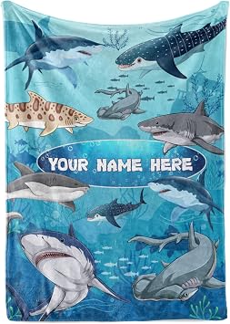 Personalized Shark Blanket for Kids - Ships Next Day and Made in USA - Soft Fleece Throw Bed, Cute Room Decor, Plush Sofa Couch Cover, Lightweight Baby Shark Toys, Custom Gift Fleece 50x60