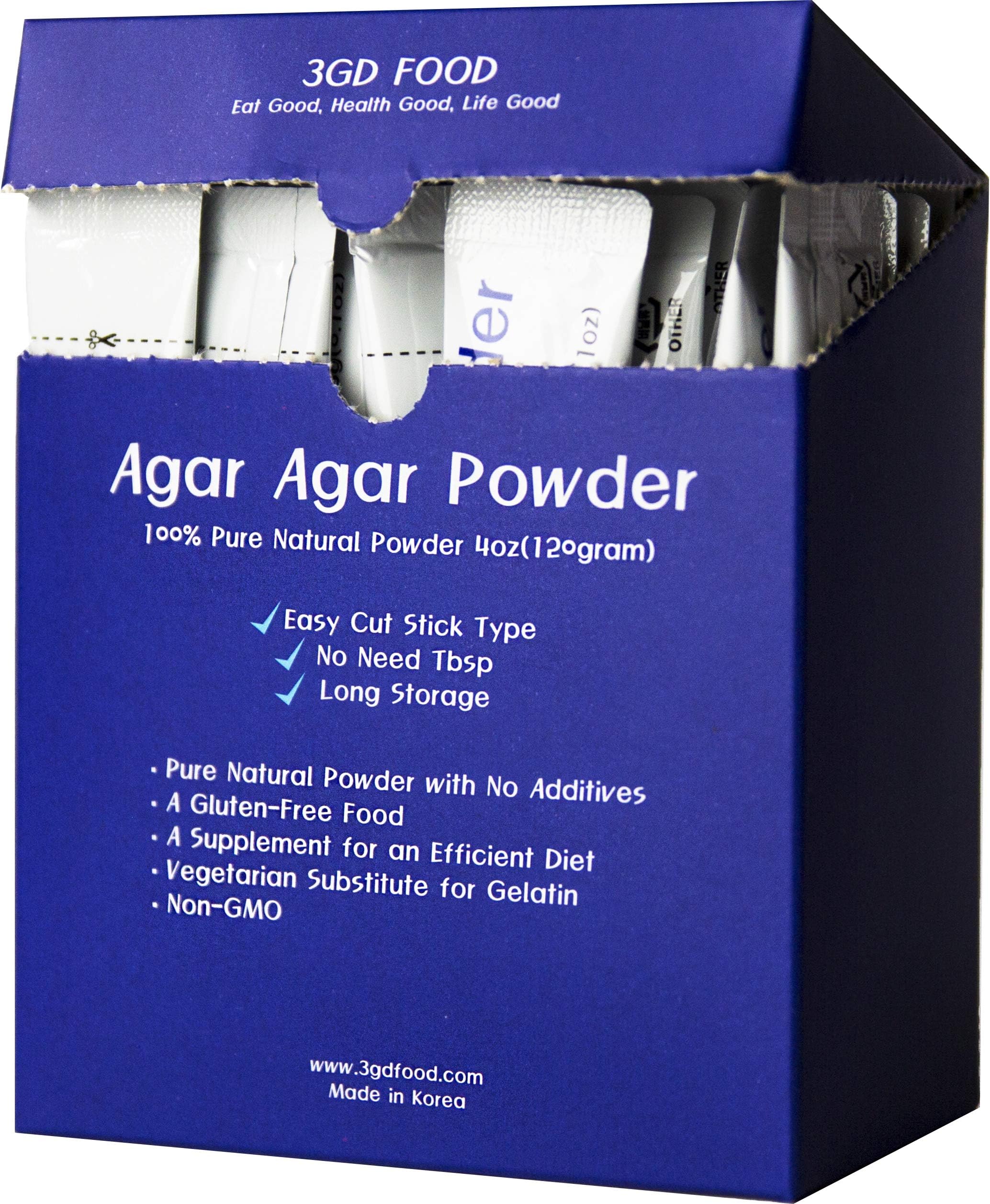 3GD FOOD Agar Agar Powder, Vegetable Gelatin, Dietary Fiber, Gluten-Free, Non-GMO [100% Natural Pure with No Additives, 4oz] (Stick Type 4oz)