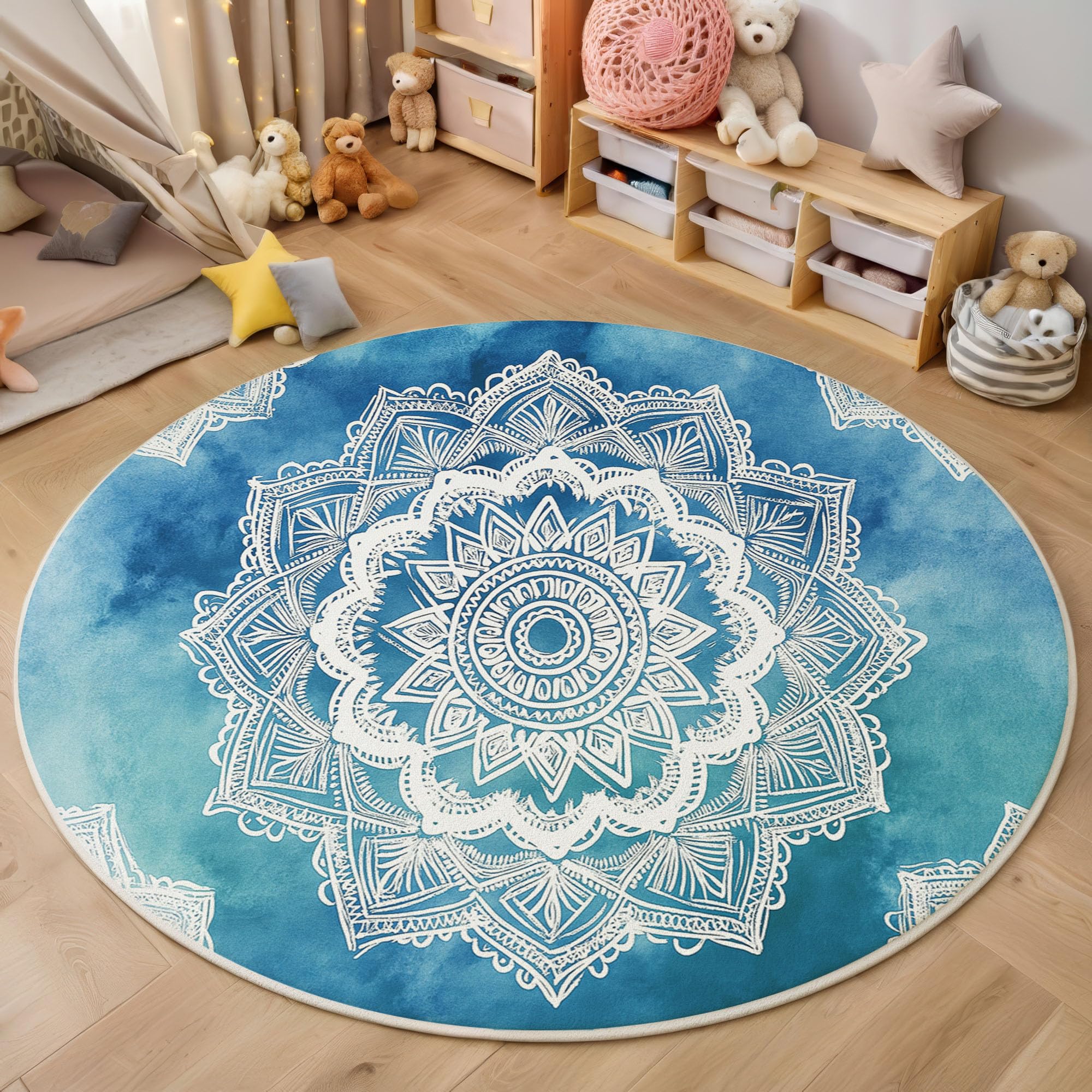 Bohème-Stil Kurzflor Teppich, Spitzen-Mandala Rund Teppich Waschbarer, 100cm rutschfest Carpet Weicher Kreis Teppiche für Kinderzimmer Esszimmer Büro, Blau