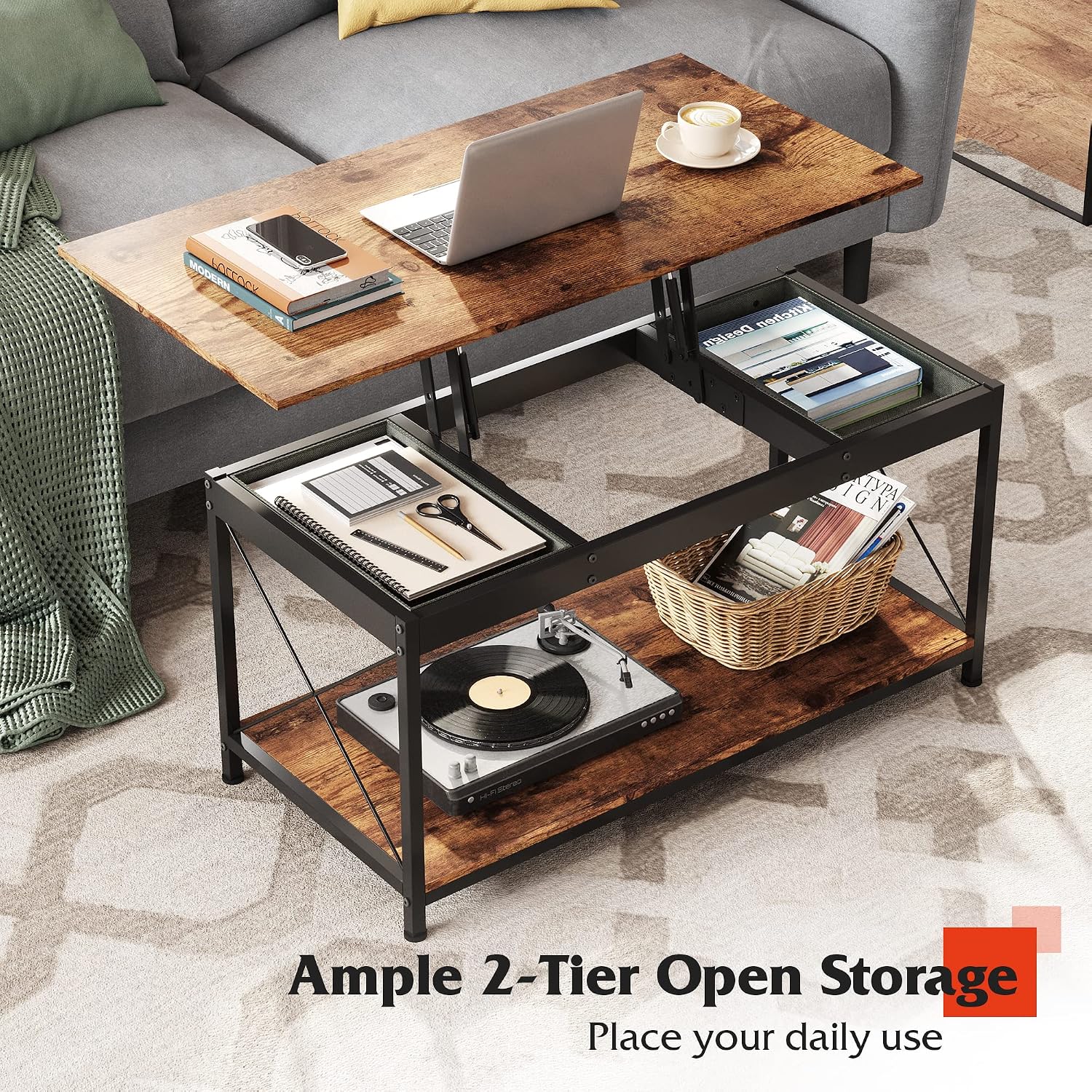 WLIVE Lift Top Coffee Table with Storage Shelf and 2 Hidden Drawer Compartment for Living Room, Rustic Brown, Black