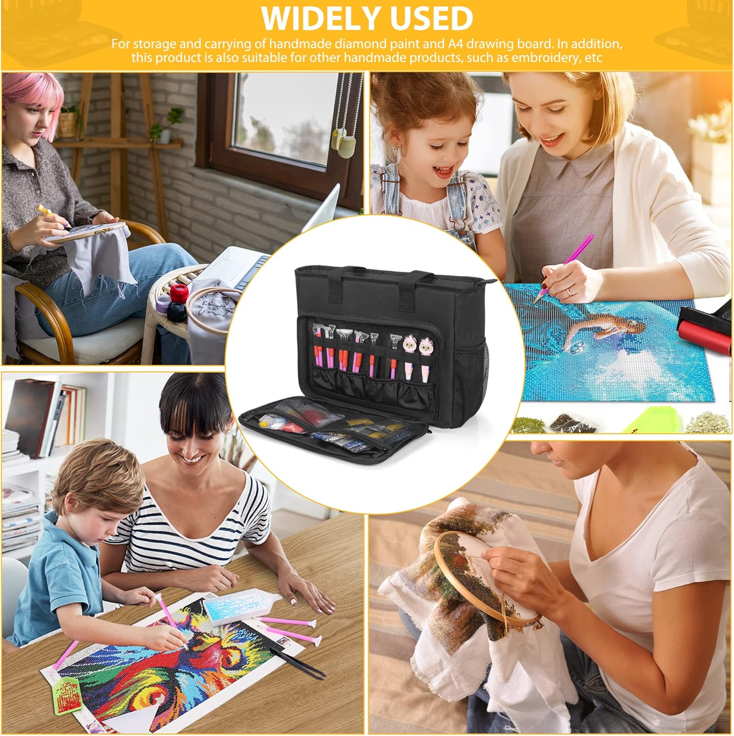 TORIBIO Diamond Painting Tote Bag with Padded Sleeve to Hold A4 Light Pad, Carrying Case for LED Light Pad & Diamond Art Tools/Accessories, 15.4"x12.2"x4.7", Black (Bag Only)