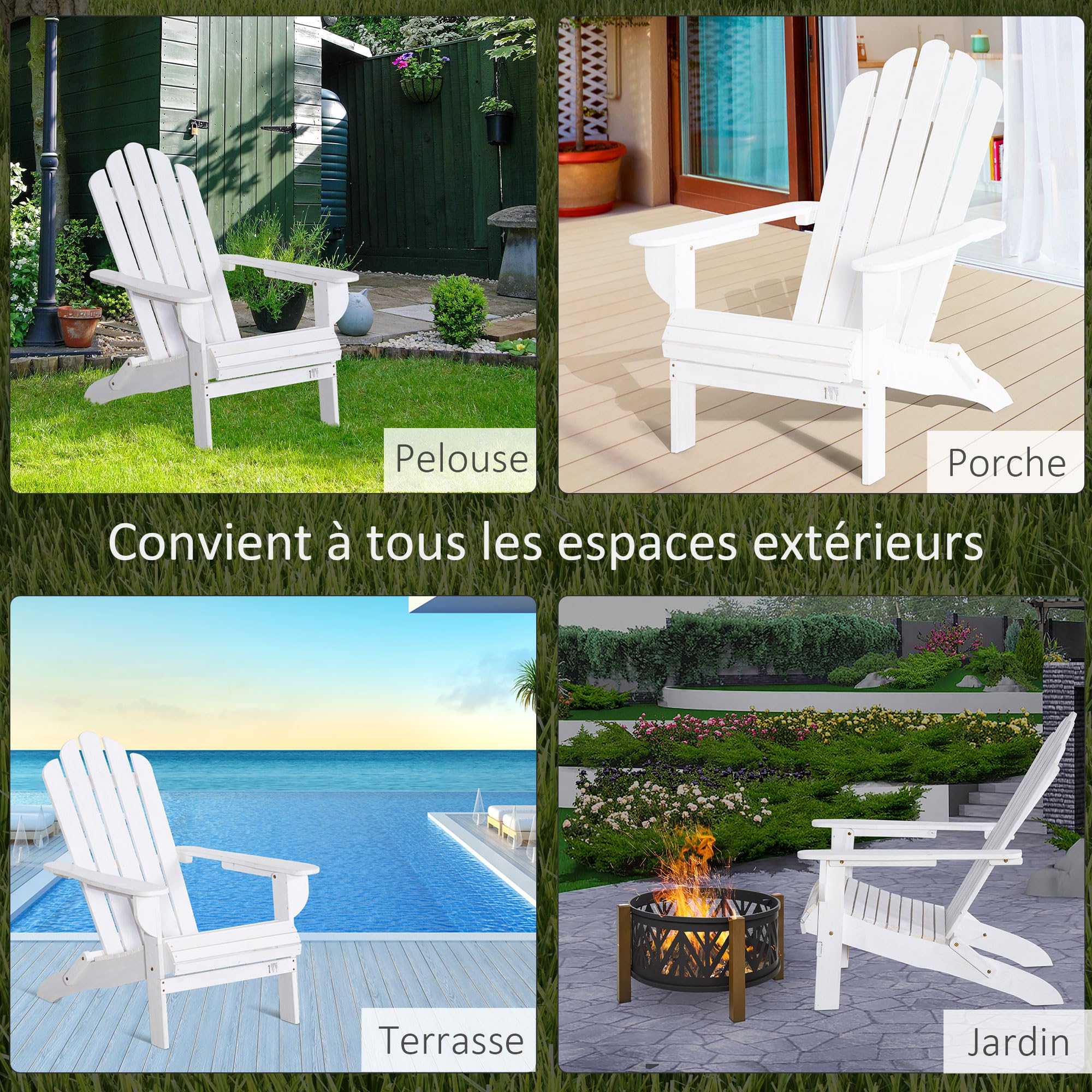 Outsunny Poltrona Adirondack pieghevole da giardino, grande comfort, seduta profonda, schienale inclinato, legno di pino trattato verniciato bianco