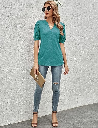 Miniatura 6 de Romanstii Women Casual V-Neck T-Shirts Loose Puff Short Sleeve Tops Tunic Blouses