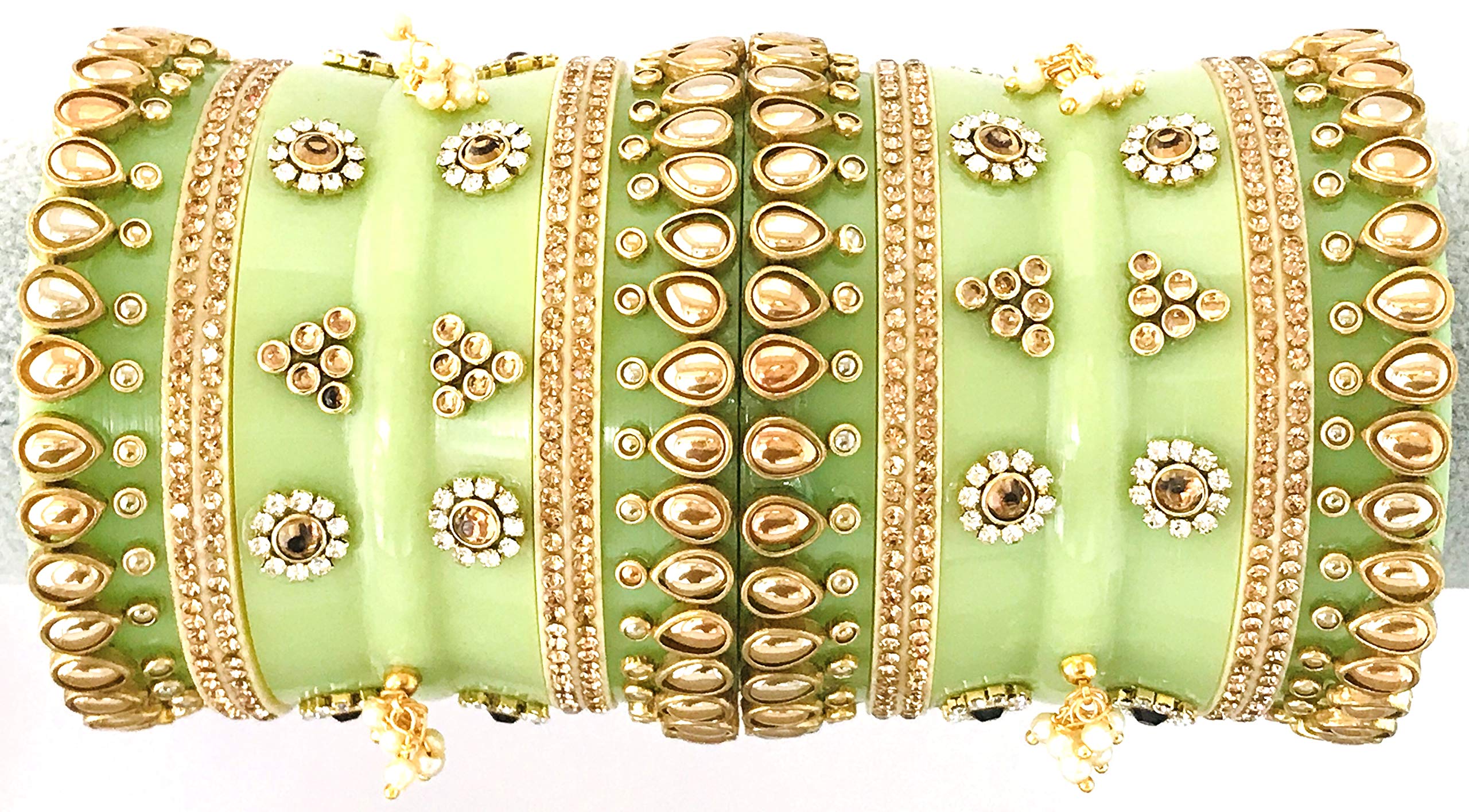 THE OPAL FACTORY TOF Bridal Jewellery Bangles Set Gold Plated Punjabi Chuda Set for Wedding with Kundan Minakari and Stone work for Women and Girls (Mint Green, 2.60)