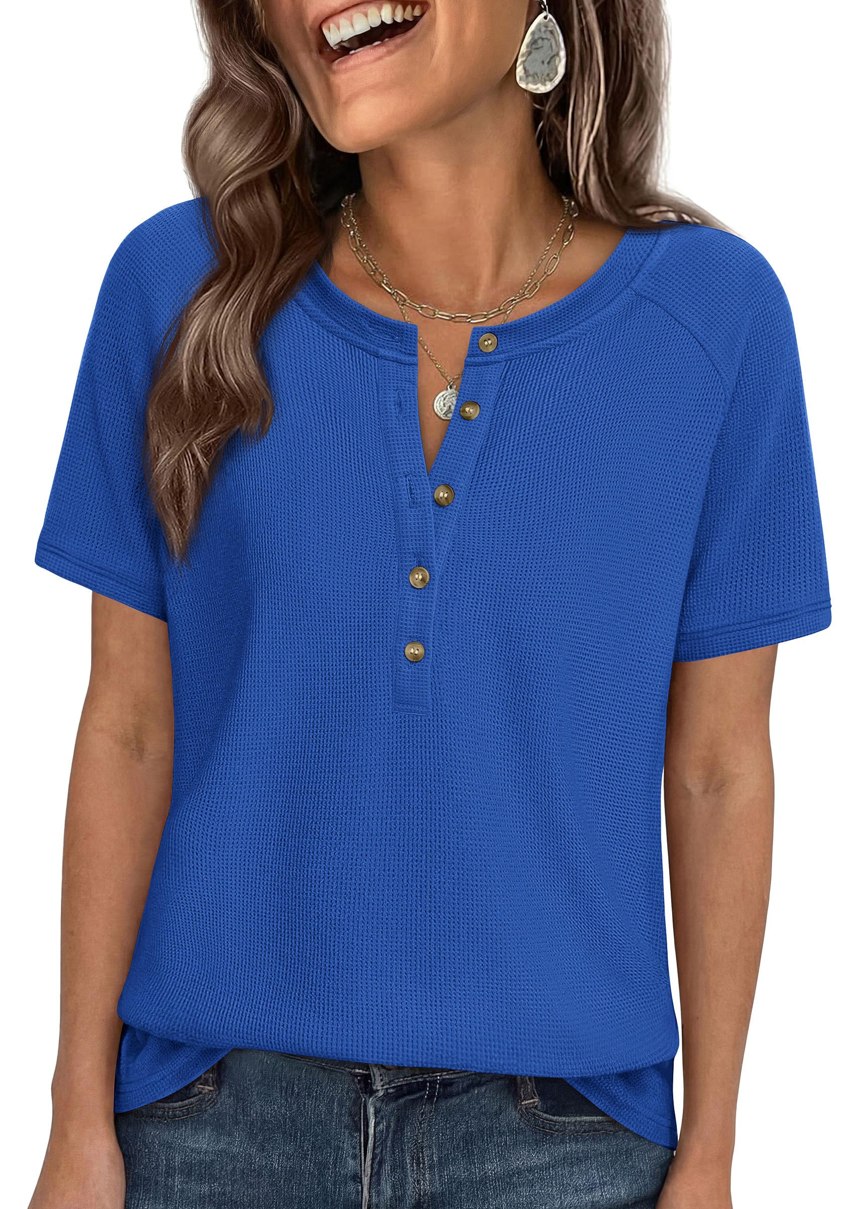 PRETTYGARDEN Waffle Knit Tops for Women Short Sleeve Henley Shirts 2026 Summer Blouses Dressy Casual Spring Fashion Clothes — view 11