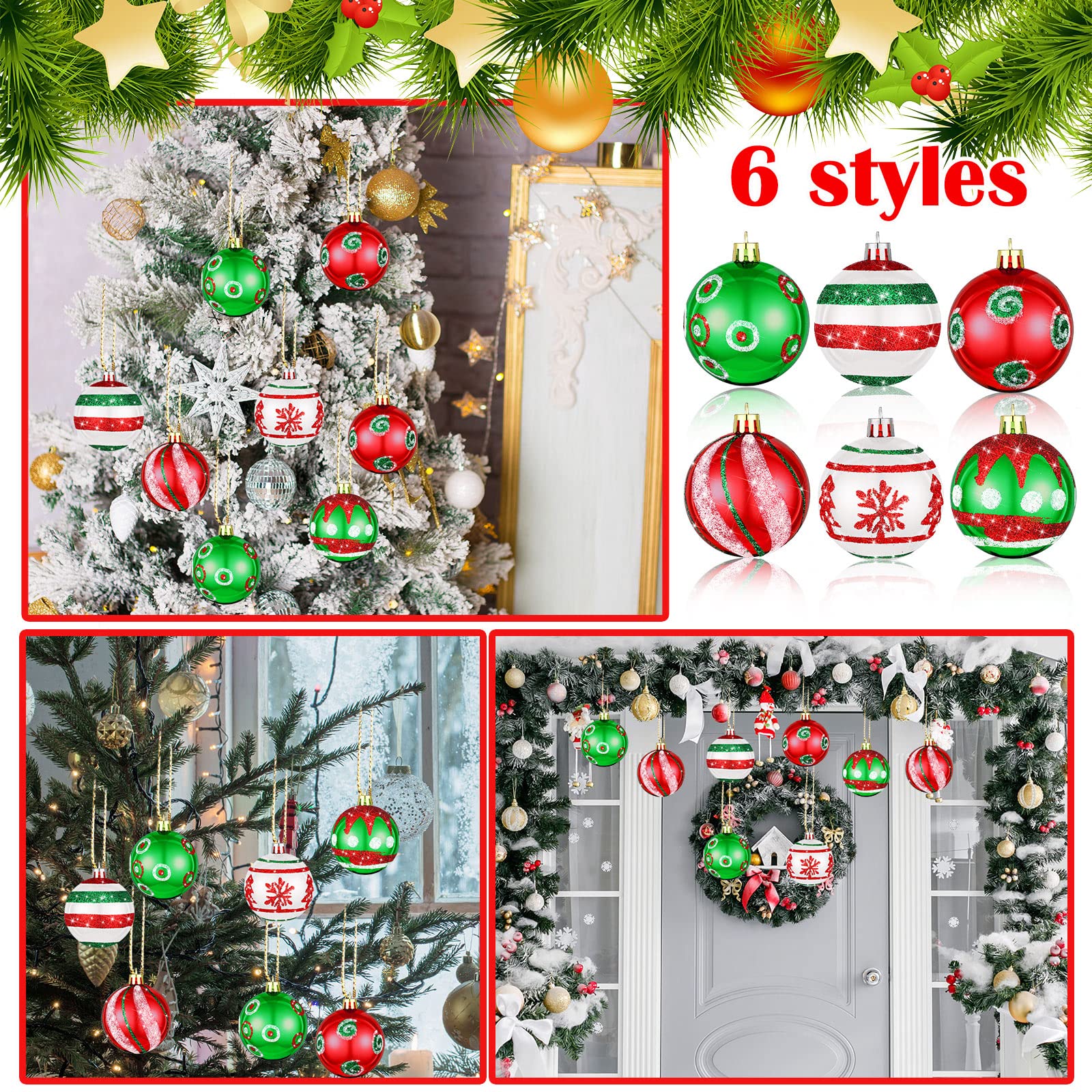 Lot de 30 boules de Noël à suspendre - Rouge, vert et blanc - 2.36 - Boules scintillantes pour sapin de Noël, fête, décoration d'intérieur (rouge, vert et blanc, mignonnes)