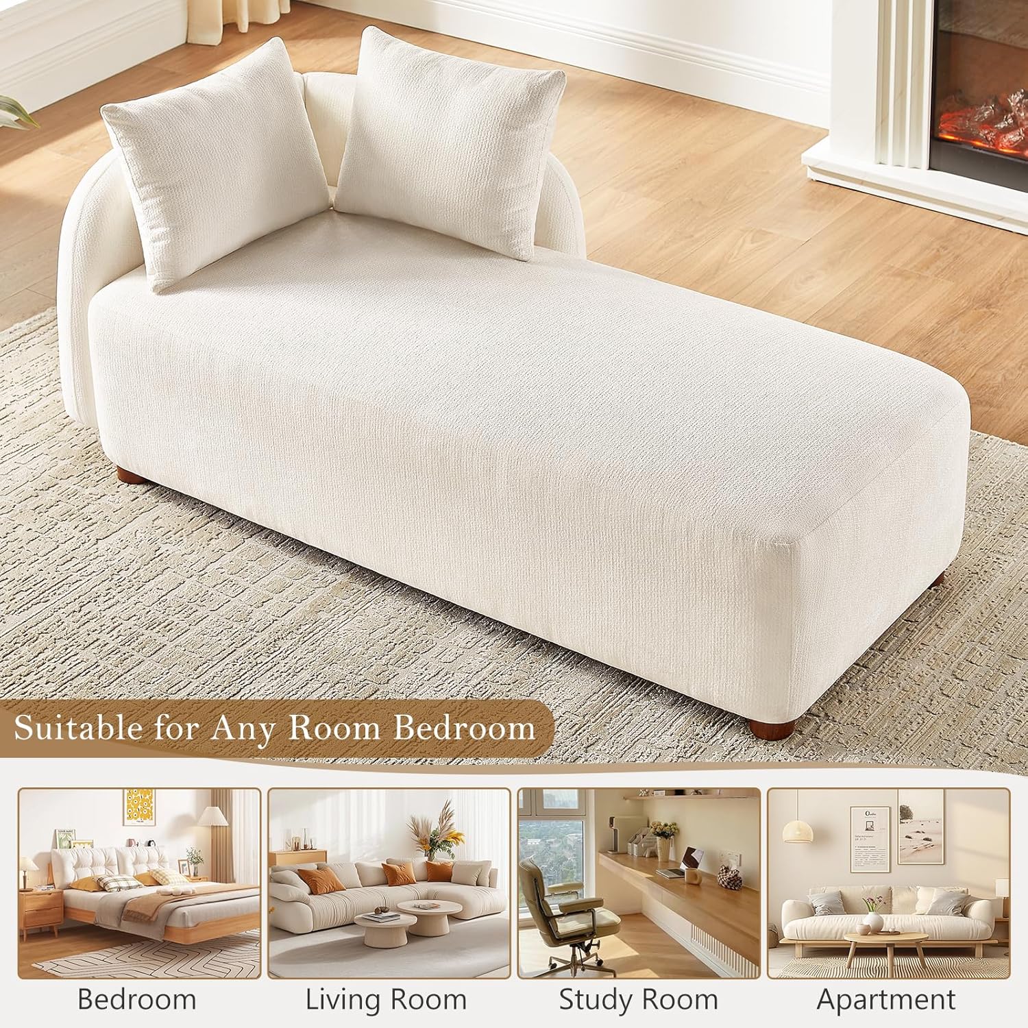 68.9" Oversized Chaise Lounge Chair Indoor, Comfy Chenille Reading Chair Daybed, Upholstered Left Facing Sleeper Sofa with 2 Pillows, Lounge Sofa Chair for Living Room Bedroom(Beige)