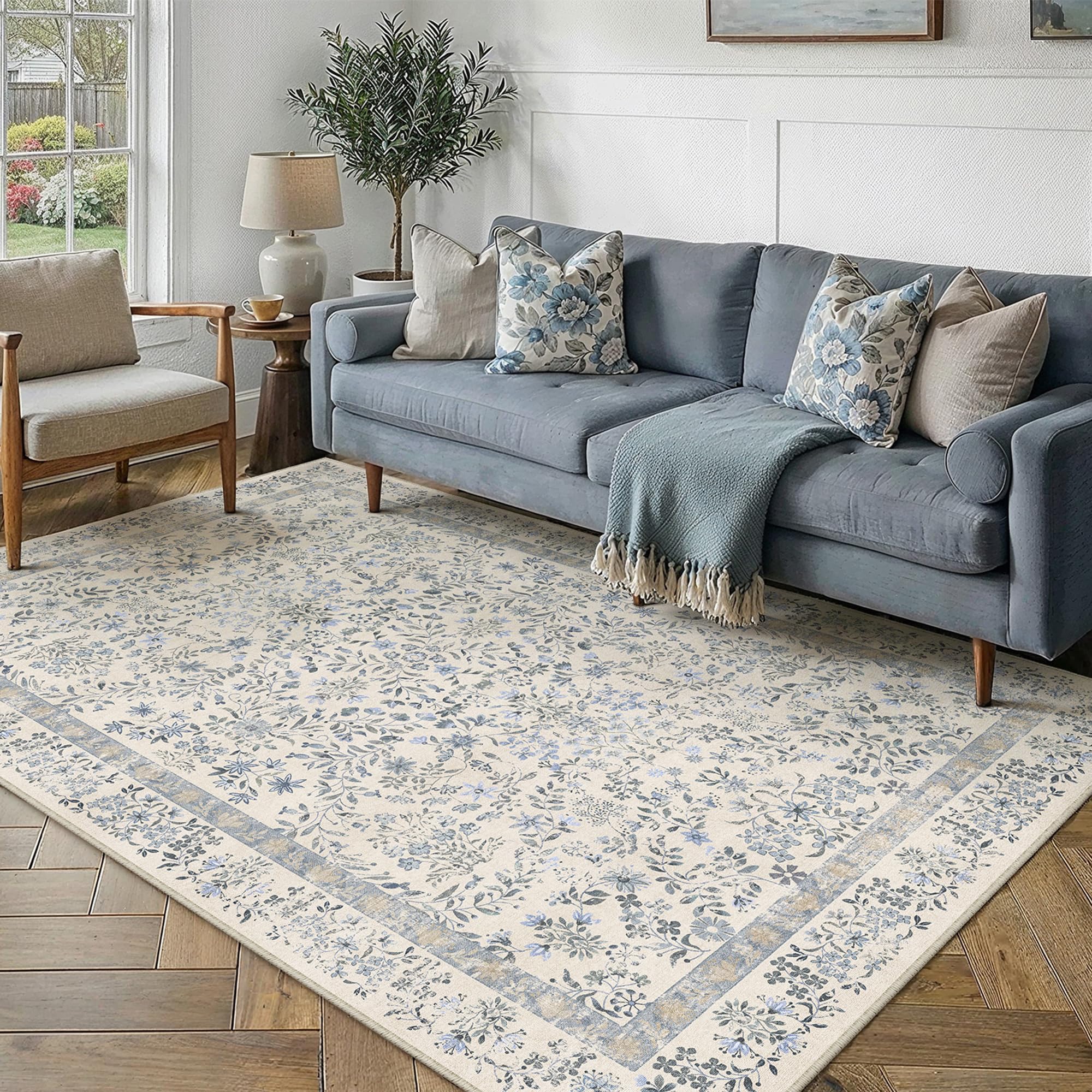 PureCozy Rugs Living Room 160x230cm Blue Flower Area Rug Non Slip