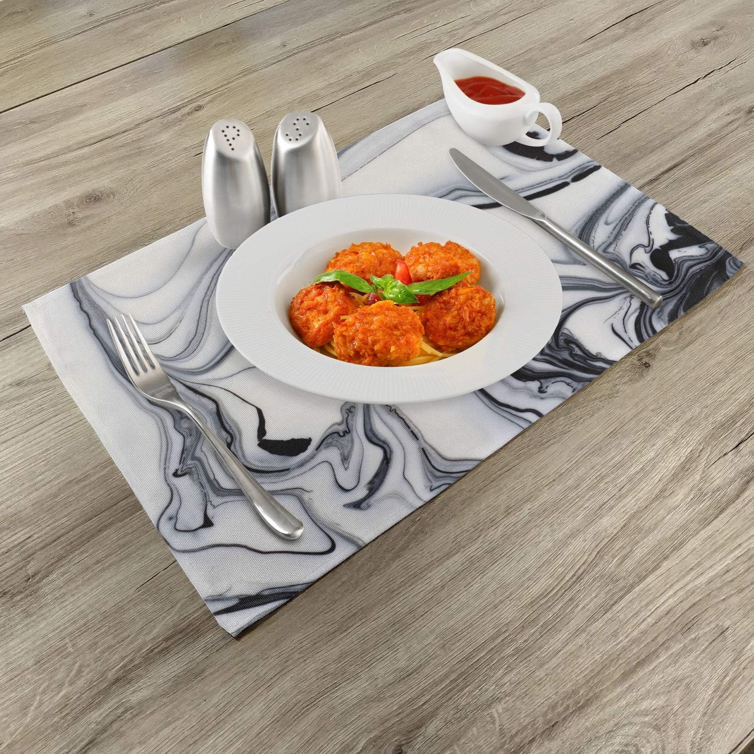 Ambesonne Marble Print Place Mats Set of 4, Trippy Mix of Colors Unusual Forms Creative Paintbrush Style Image, Washable Fabric Placemats for Dining Table, Standard Size, Black Grey