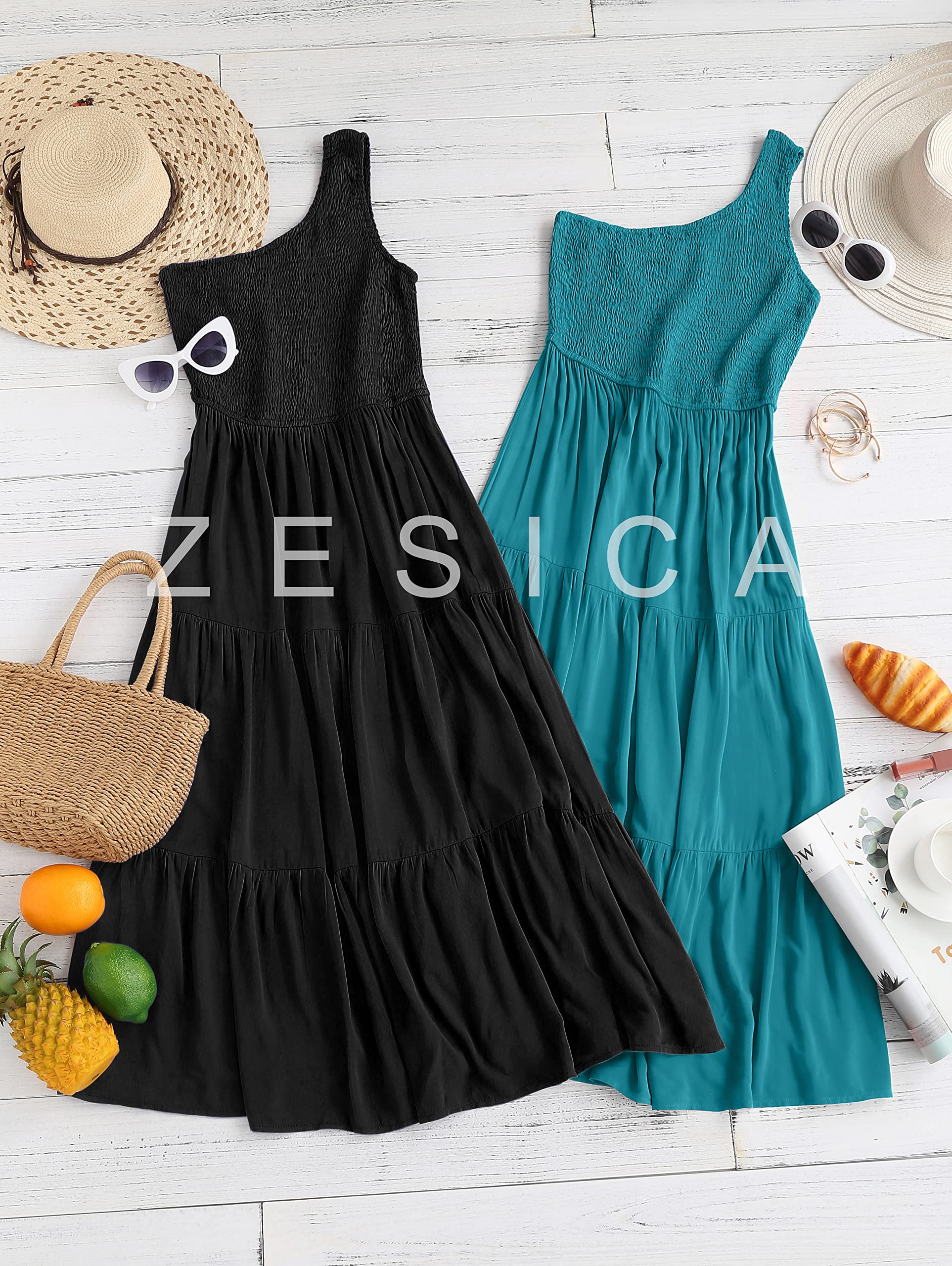 ZESICA Women's 2025 Bohemian Summer Floral Print One Shoulder Sleeveless Smocked Ruffle Tiered Beach Long Midi Dress