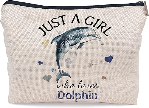 Just A Girl Dolphin Lovers - Bolsa de cosméticos para amantes de los delfines, bolsa de maquillaje de acuarela azul, bolsa de maquillaje, bolsa con